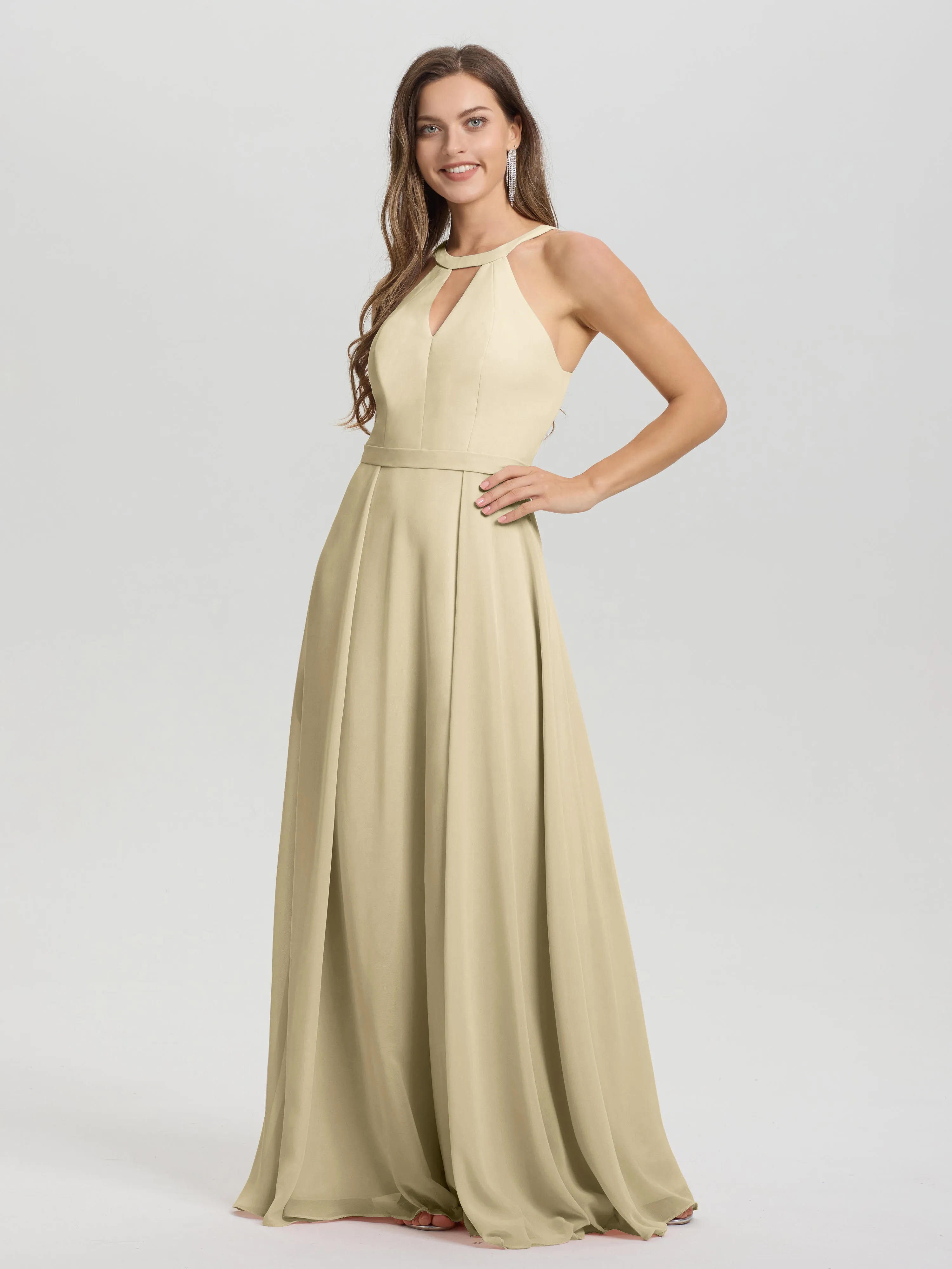 Hater A-Line Key Hole Sleeveless Floor Length Chiffon Bridesmaid Dress