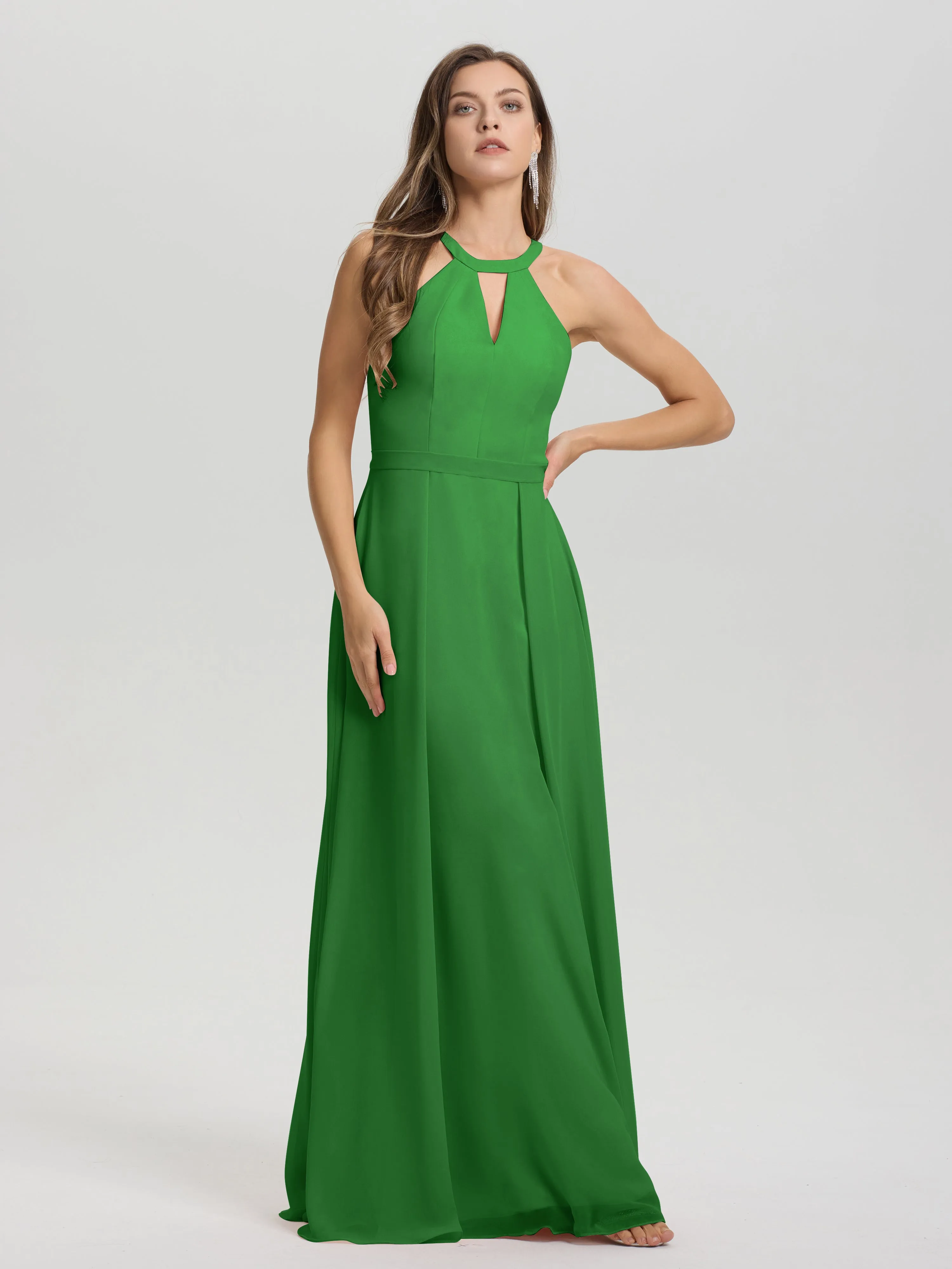 Hater A-Line Key Hole Sleeveless Floor Length Chiffon Bridesmaid Dress