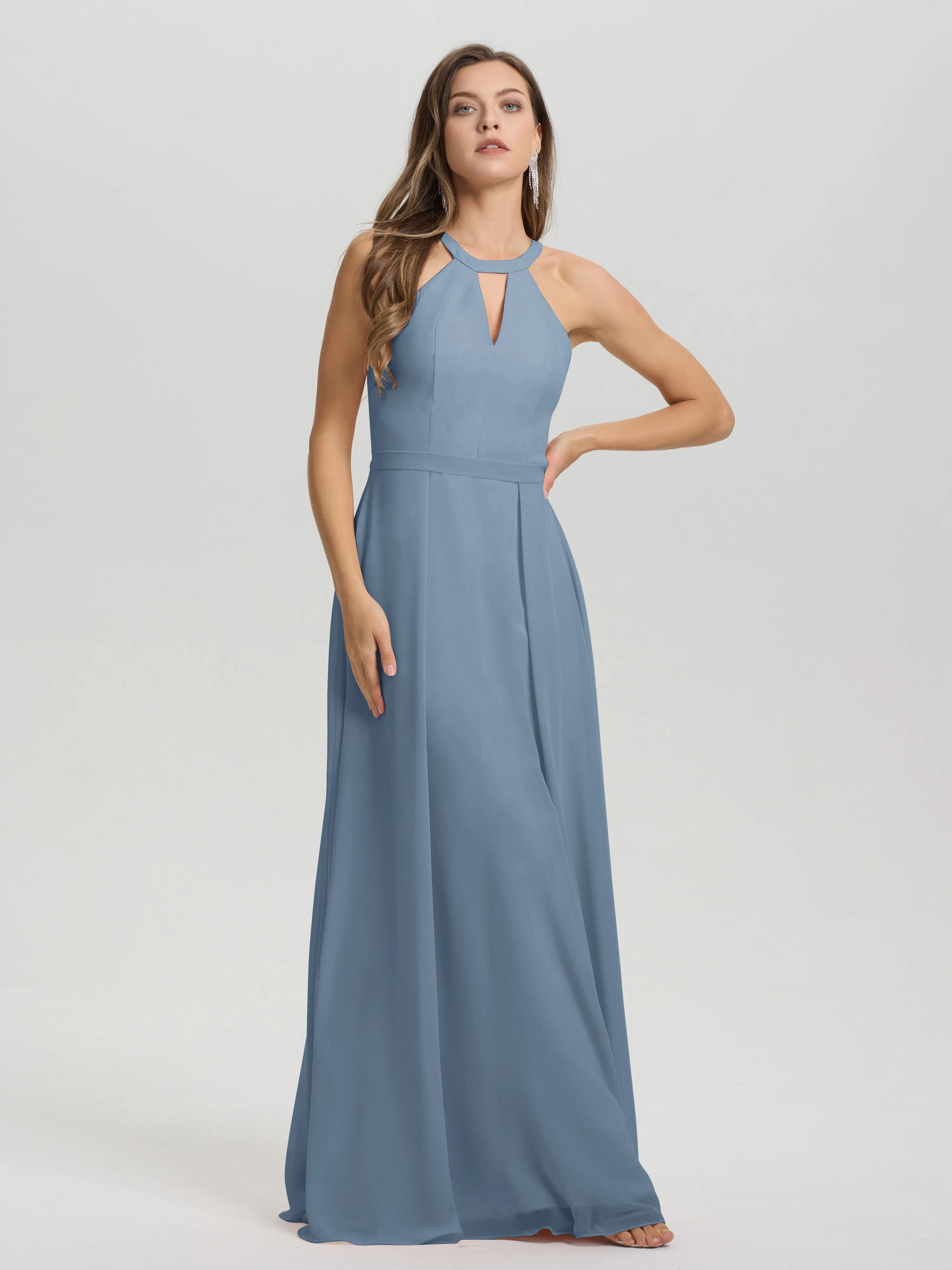 Hater A-Line Key Hole Sleeveless Floor Length Chiffon Bridesmaid Dress