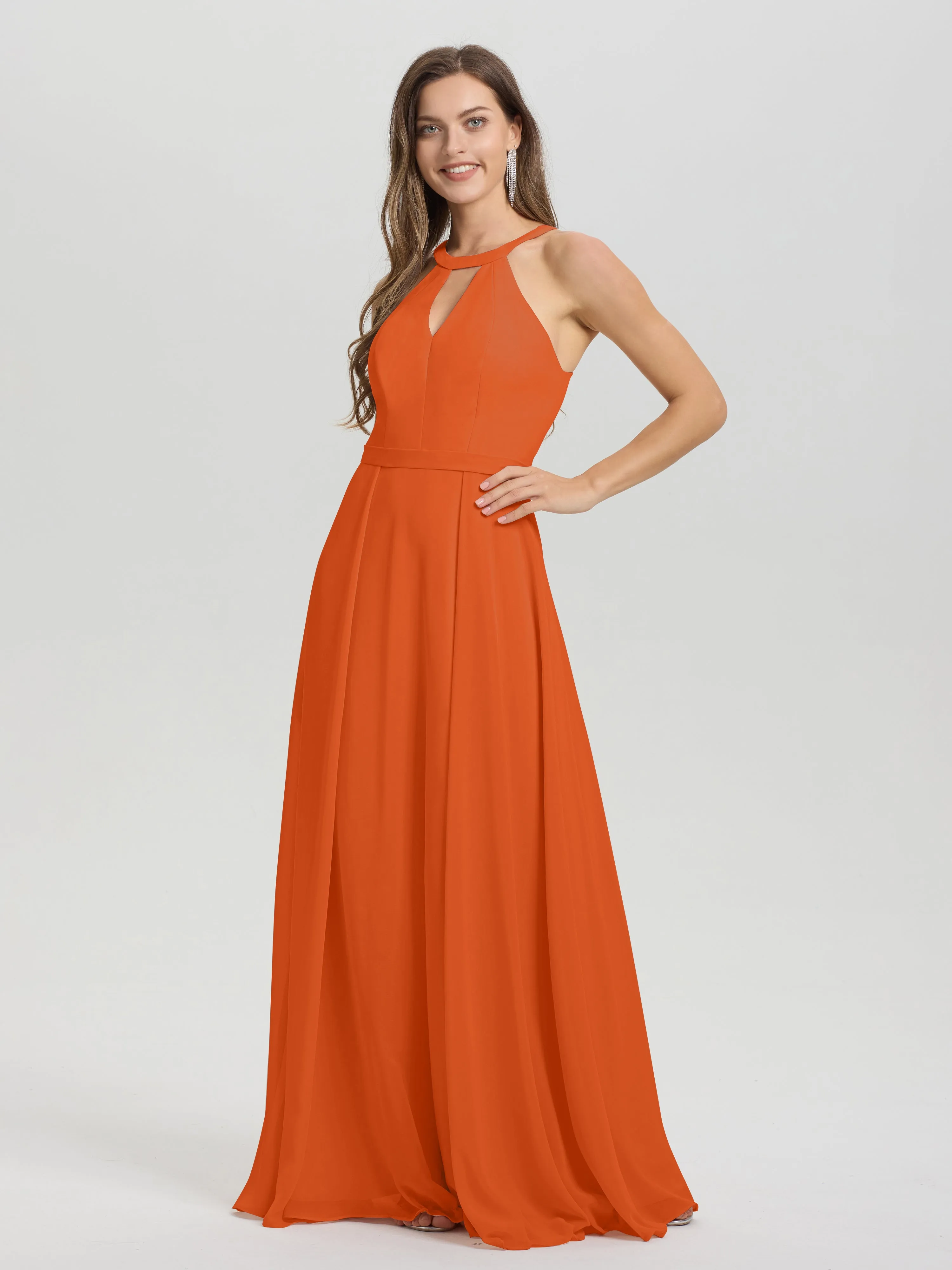 Hater A-Line Key Hole Sleeveless Floor Length Chiffon Bridesmaid Dress