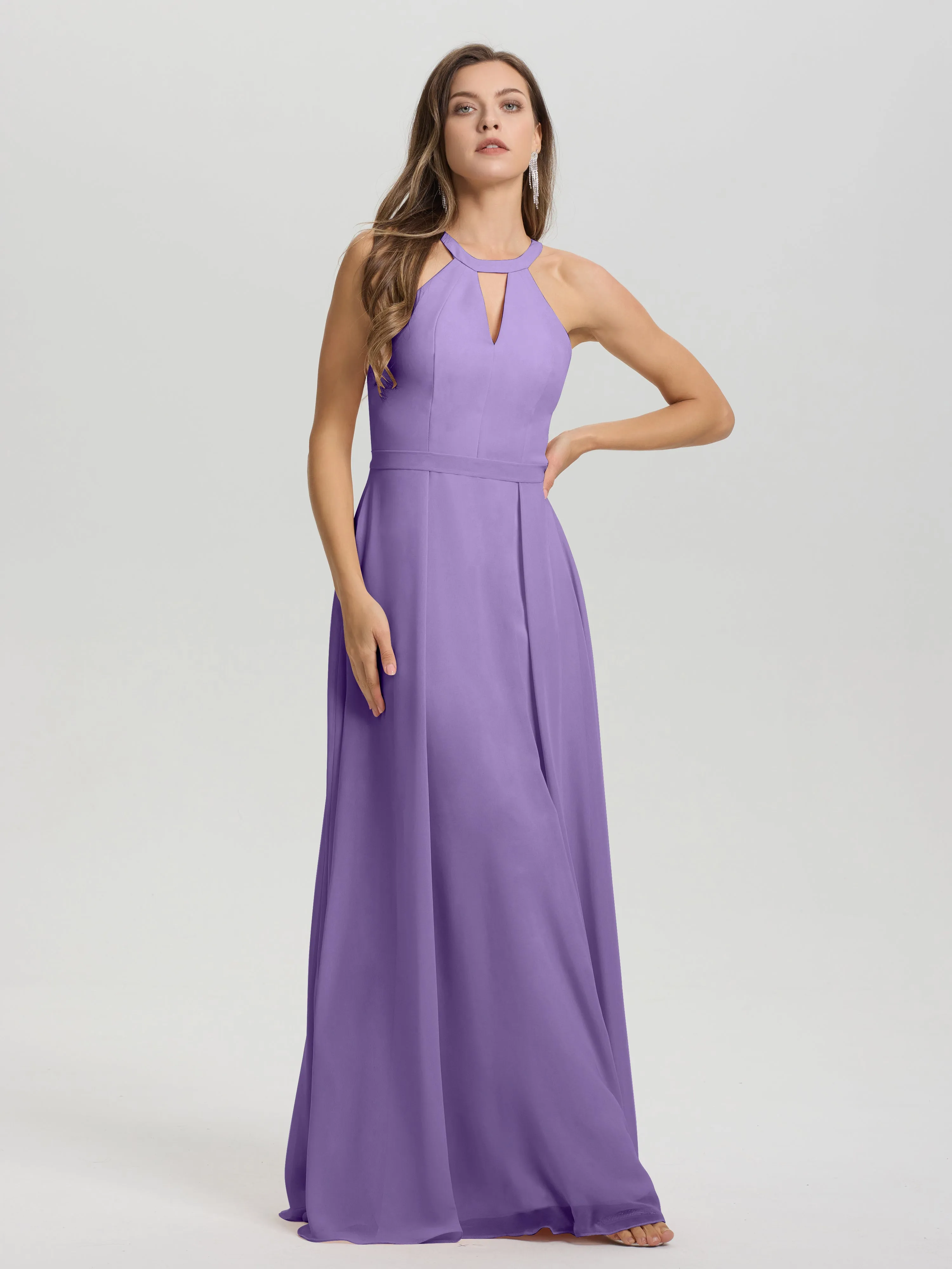 Hater A-Line Key Hole Sleeveless Floor Length Chiffon Bridesmaid Dress