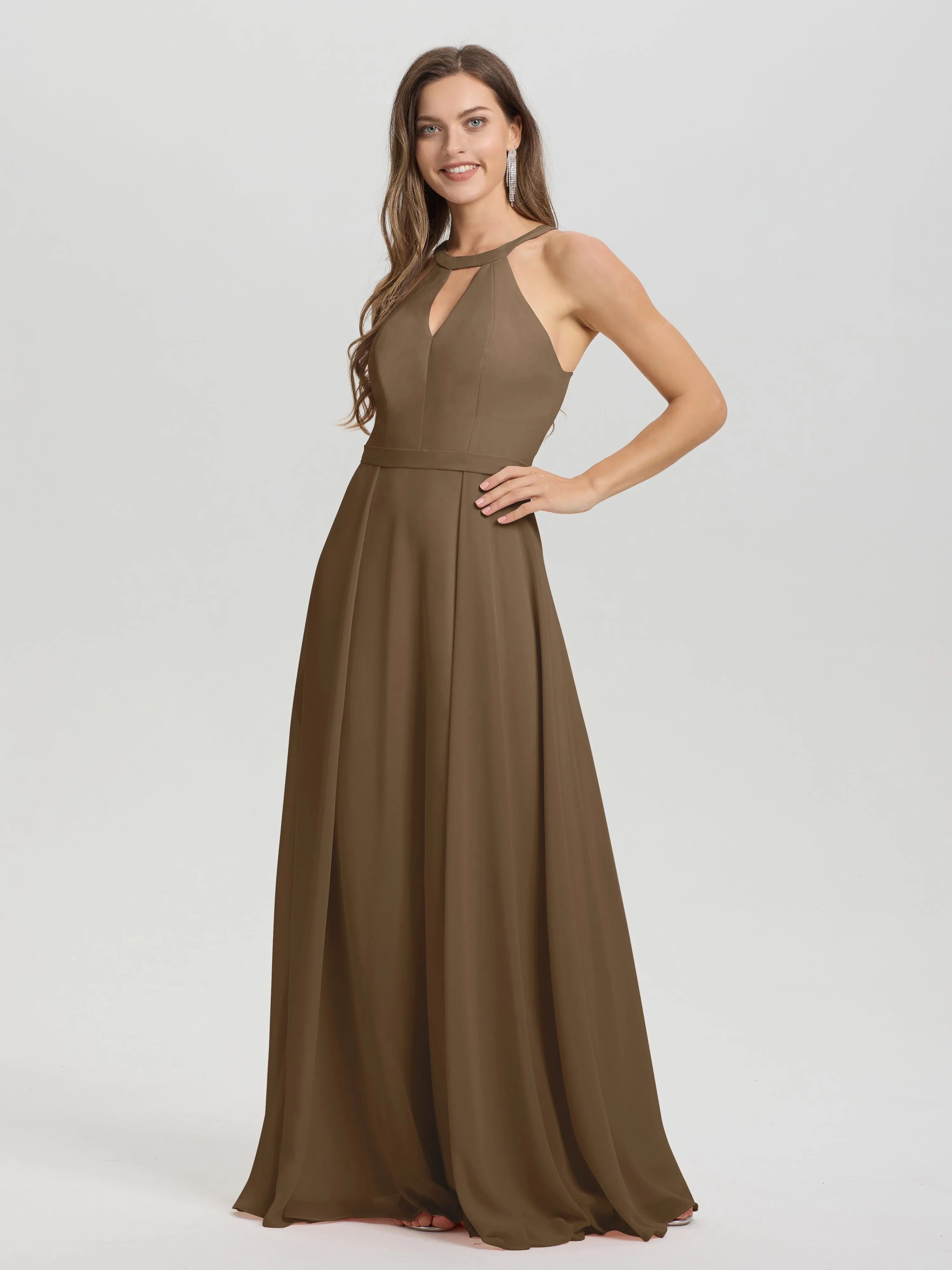 Hater A-Line Key Hole Sleeveless Floor Length Chiffon Bridesmaid Dress