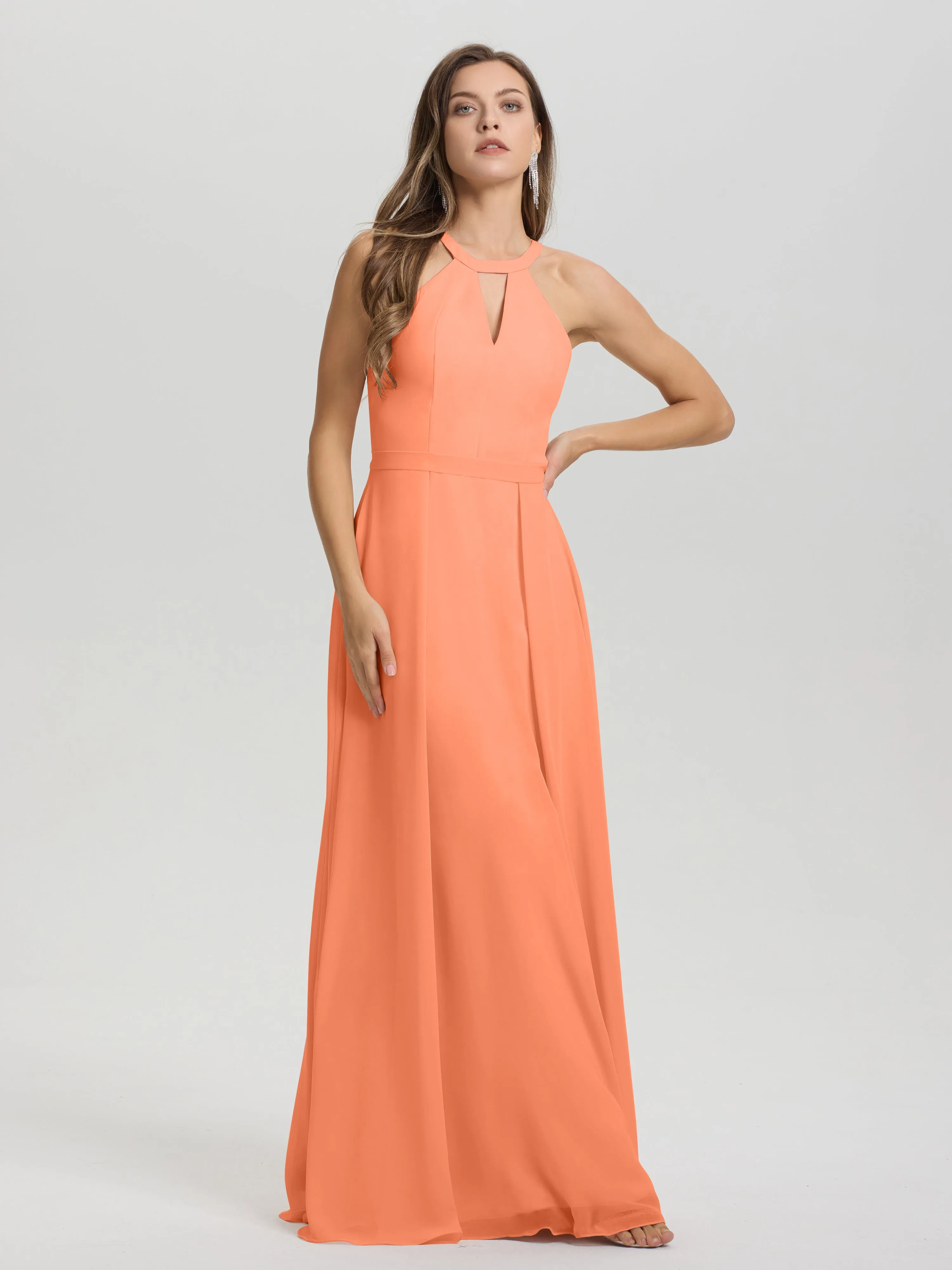 Hater A-Line Key Hole Sleeveless Floor Length Chiffon Bridesmaid Dress