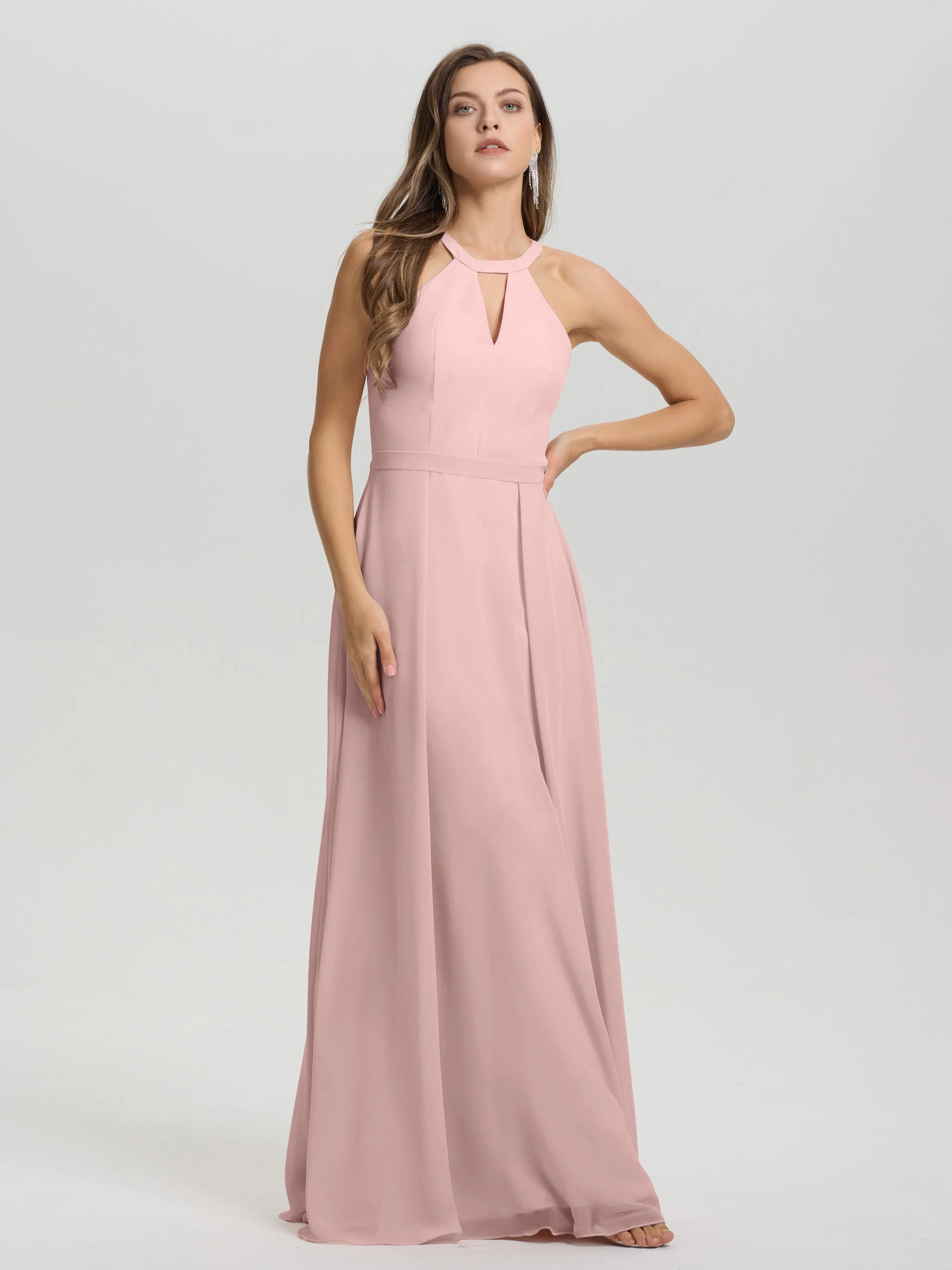 Hater A-Line Key Hole Sleeveless Floor Length Chiffon Bridesmaid Dress