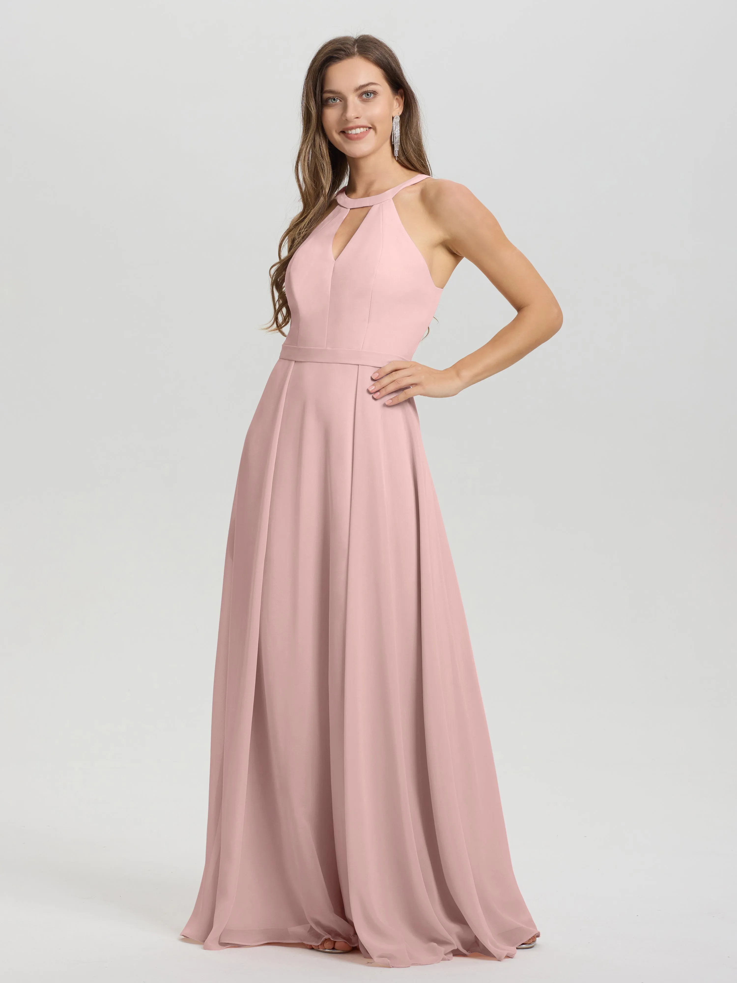 Hater A-Line Key Hole Sleeveless Floor Length Chiffon Bridesmaid Dress