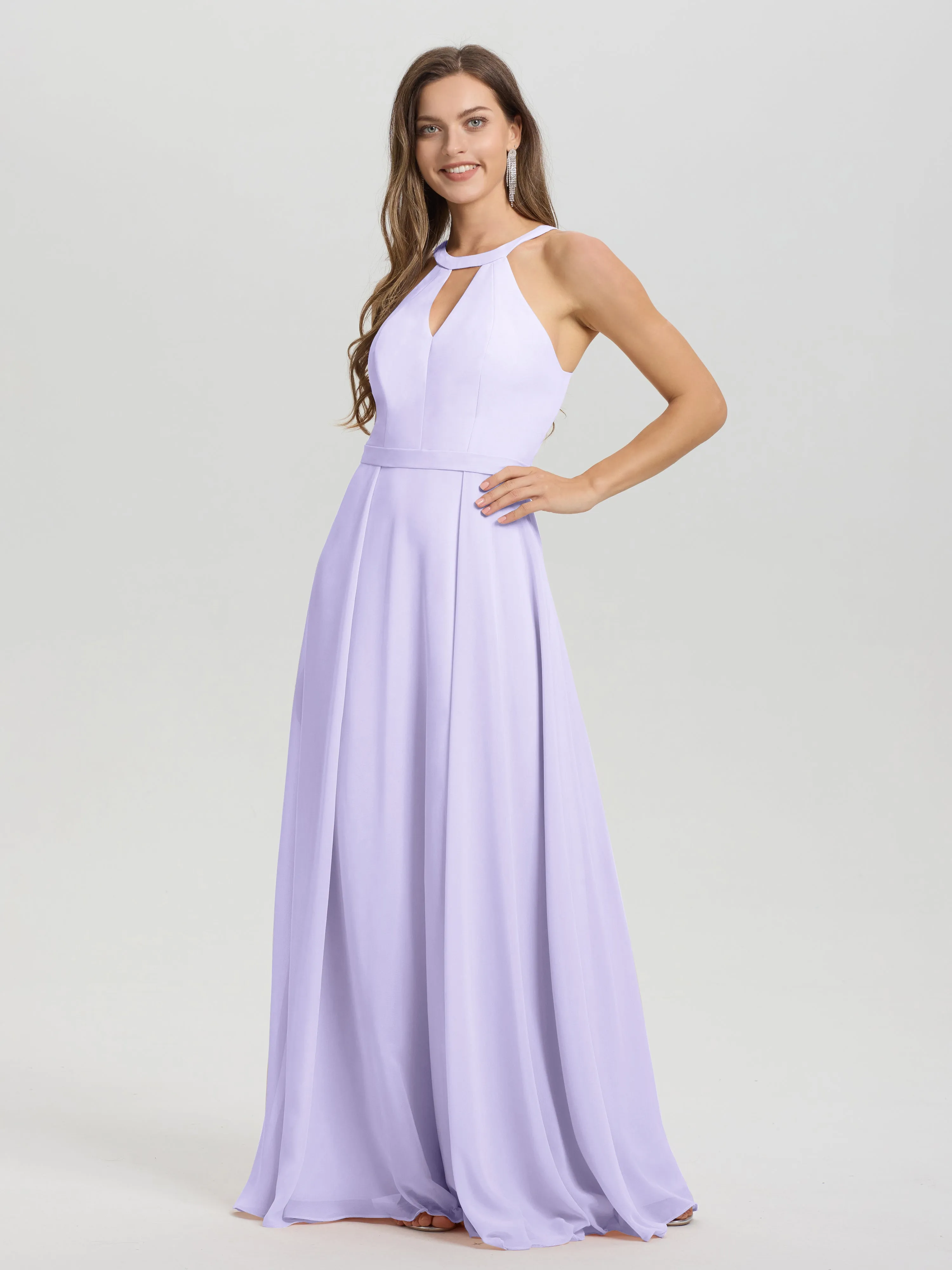 Hater A-Line Key Hole Sleeveless Floor Length Chiffon Bridesmaid Dress