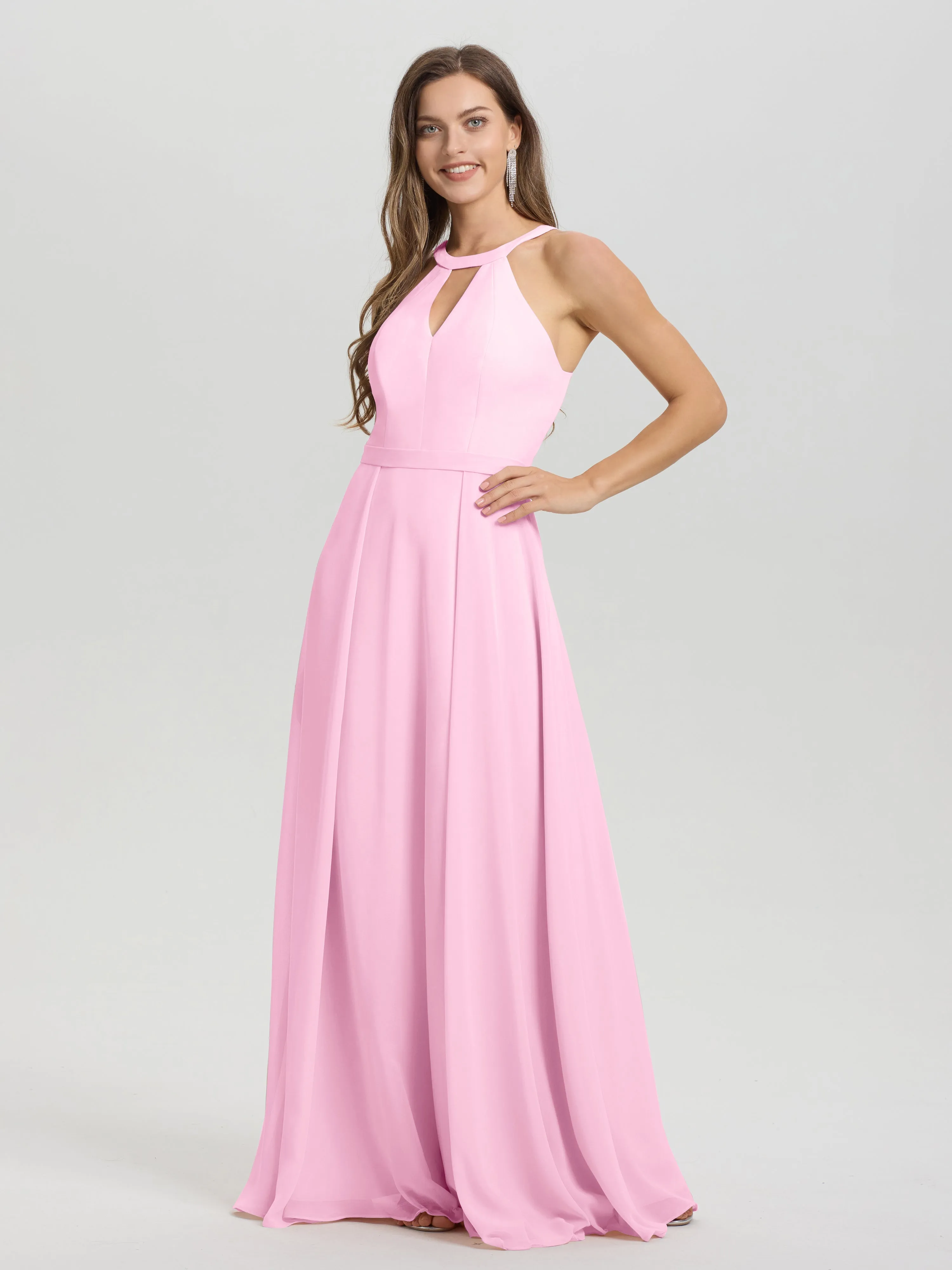 Hater A-Line Key Hole Sleeveless Floor Length Chiffon Bridesmaid Dress