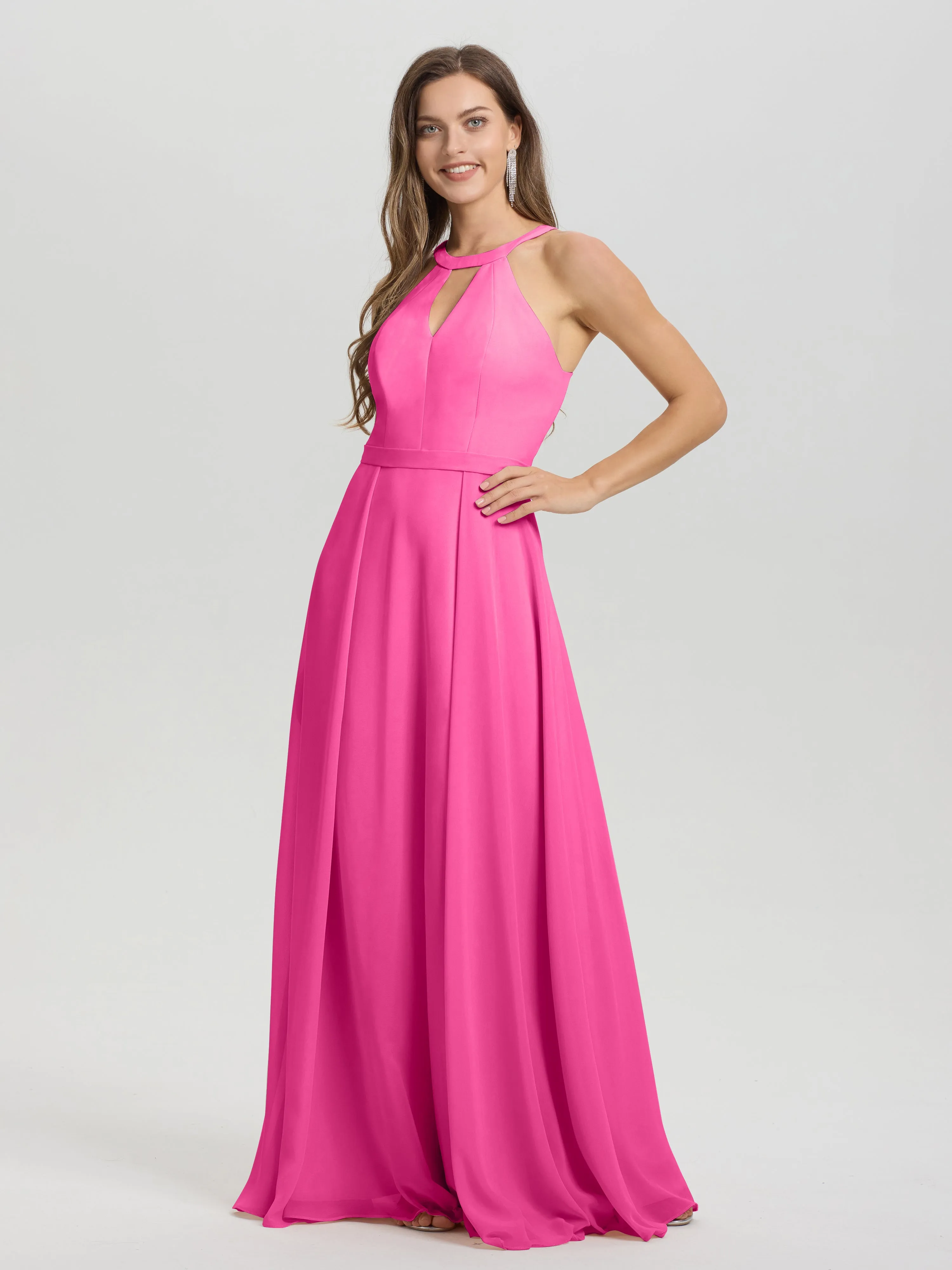 Hater A-Line Key Hole Sleeveless Floor Length Chiffon Bridesmaid Dress