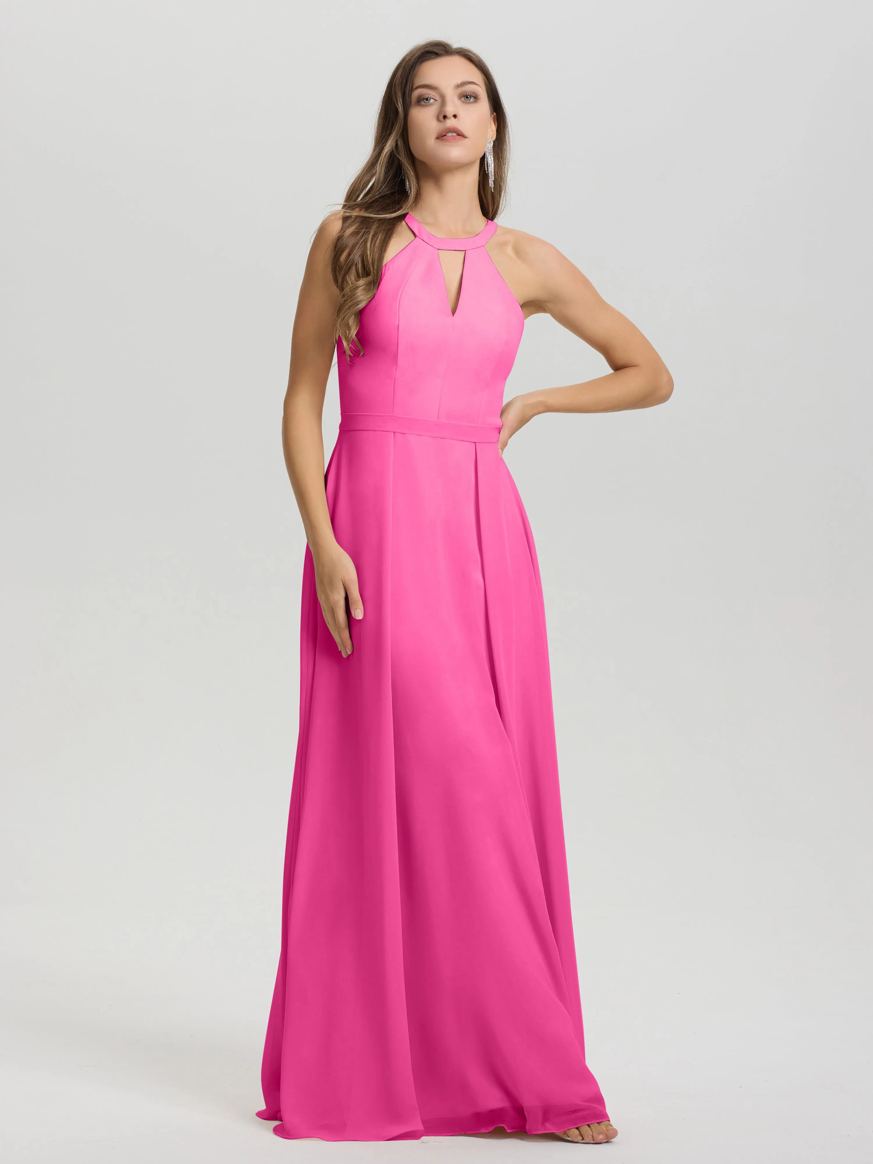 Hater A-Line Key Hole Sleeveless Floor Length Chiffon Bridesmaid Dress