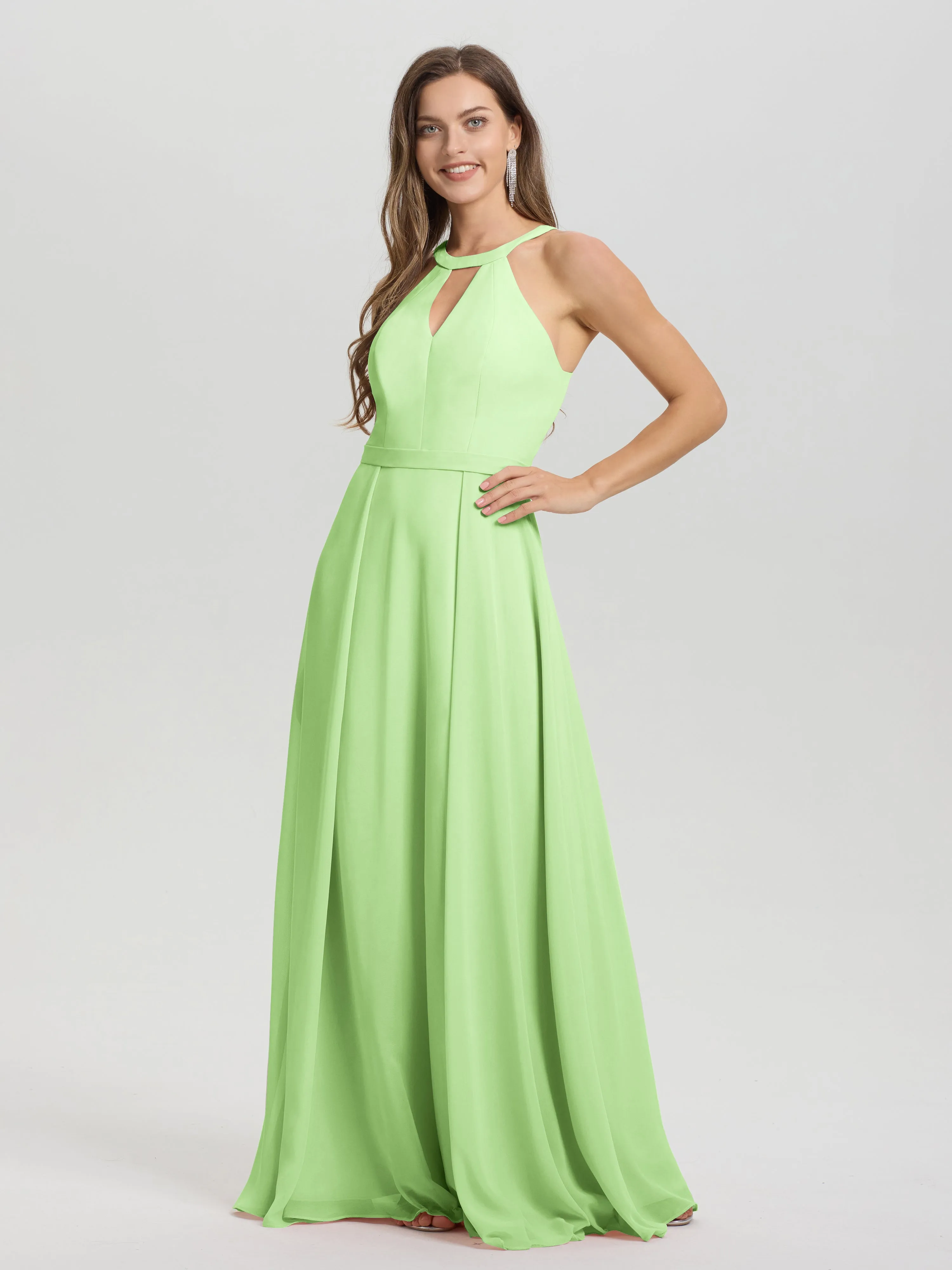 Hater A-Line Key Hole Sleeveless Floor Length Chiffon Bridesmaid Dress