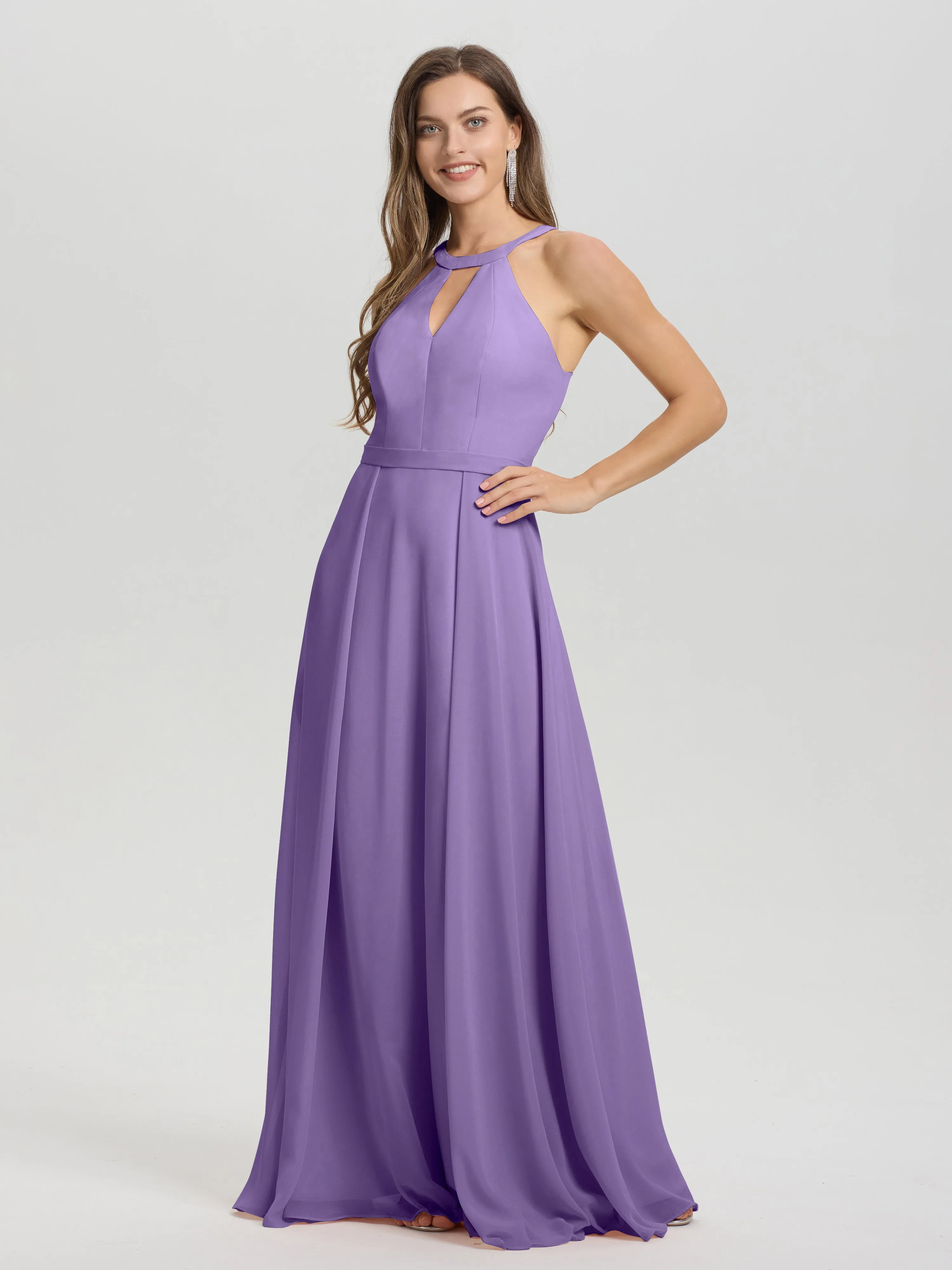 Hater A-Line Key Hole Sleeveless Floor Length Chiffon Bridesmaid Dress