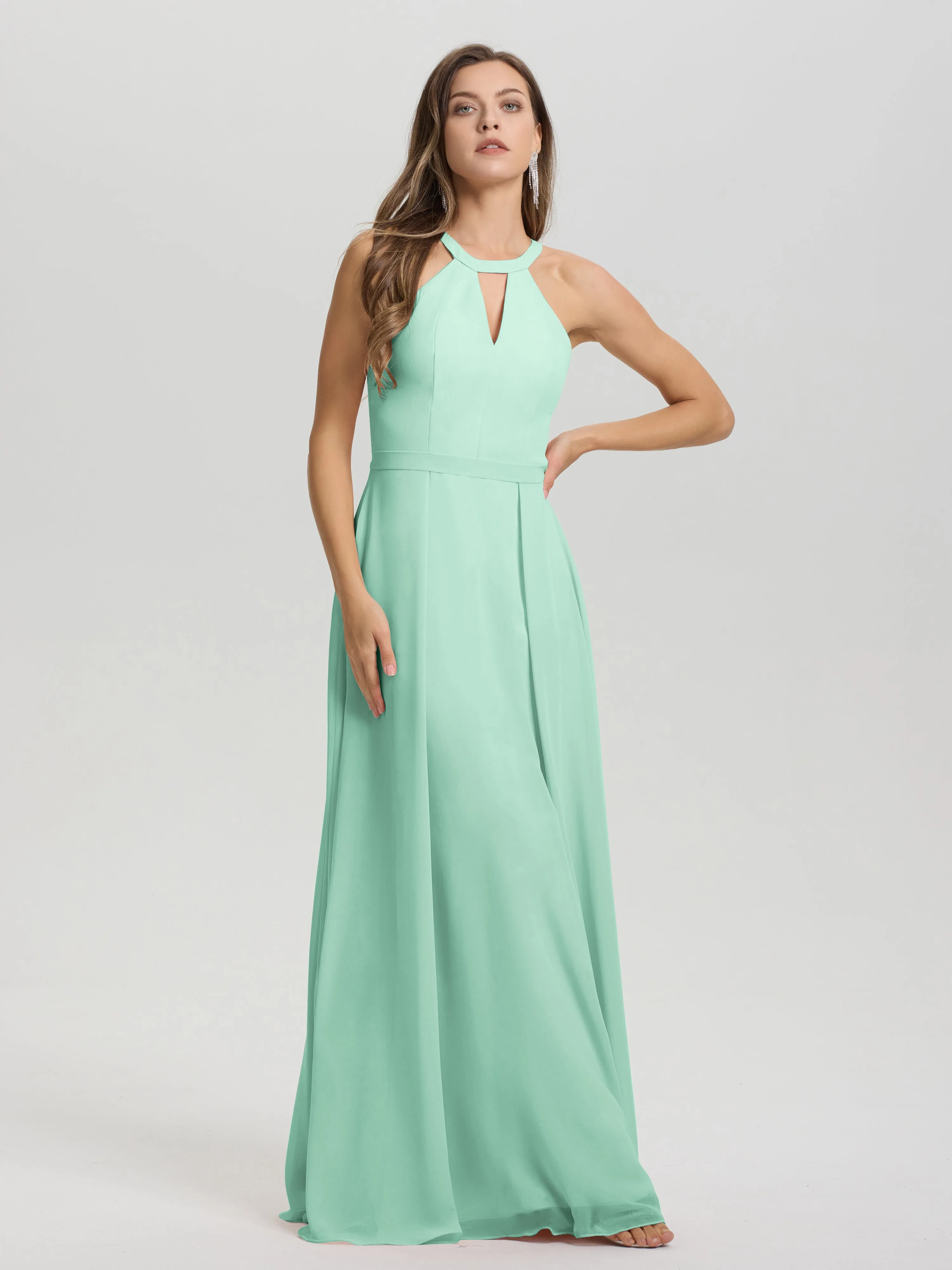 Hater A-Line Key Hole Sleeveless Floor Length Chiffon Bridesmaid Dress