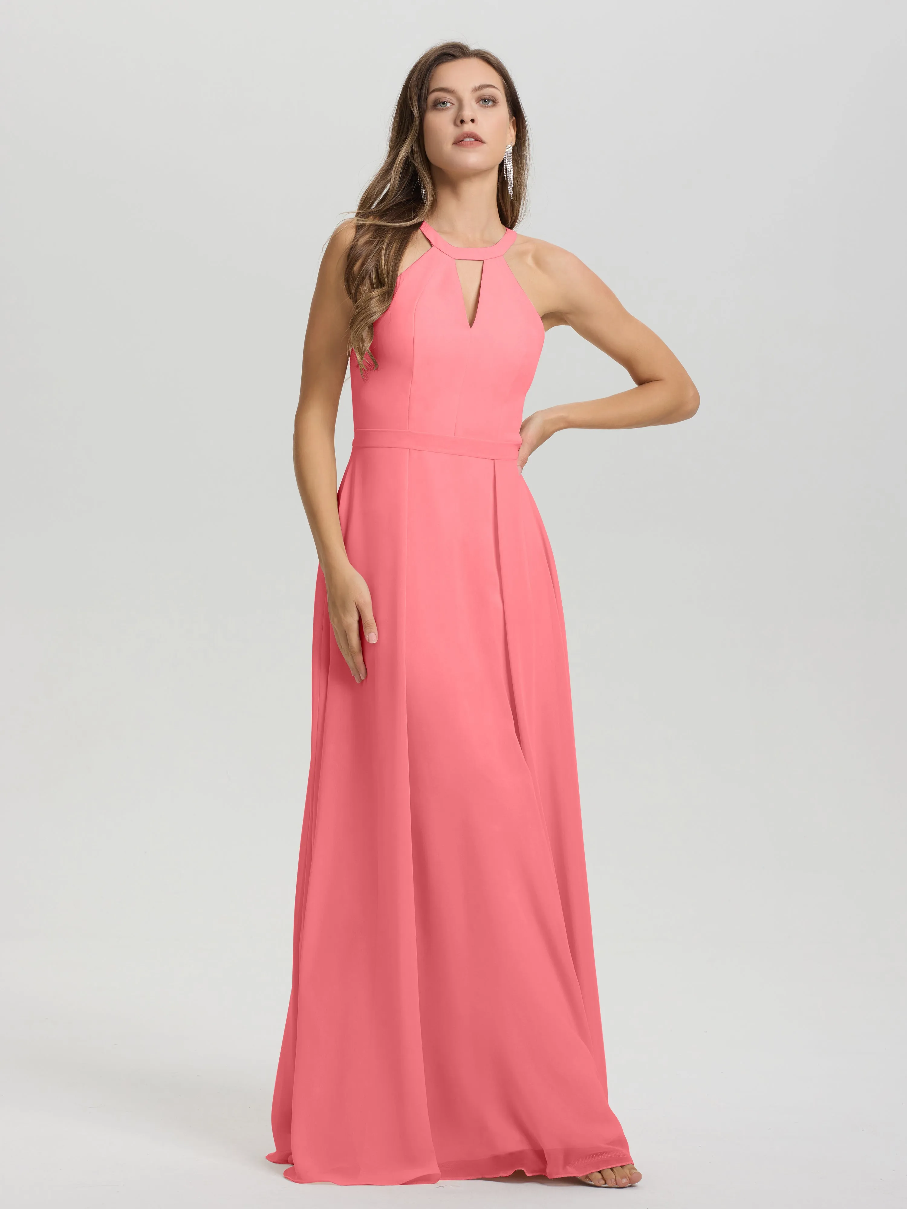 Hater A-Line Key Hole Sleeveless Floor Length Chiffon Bridesmaid Dress