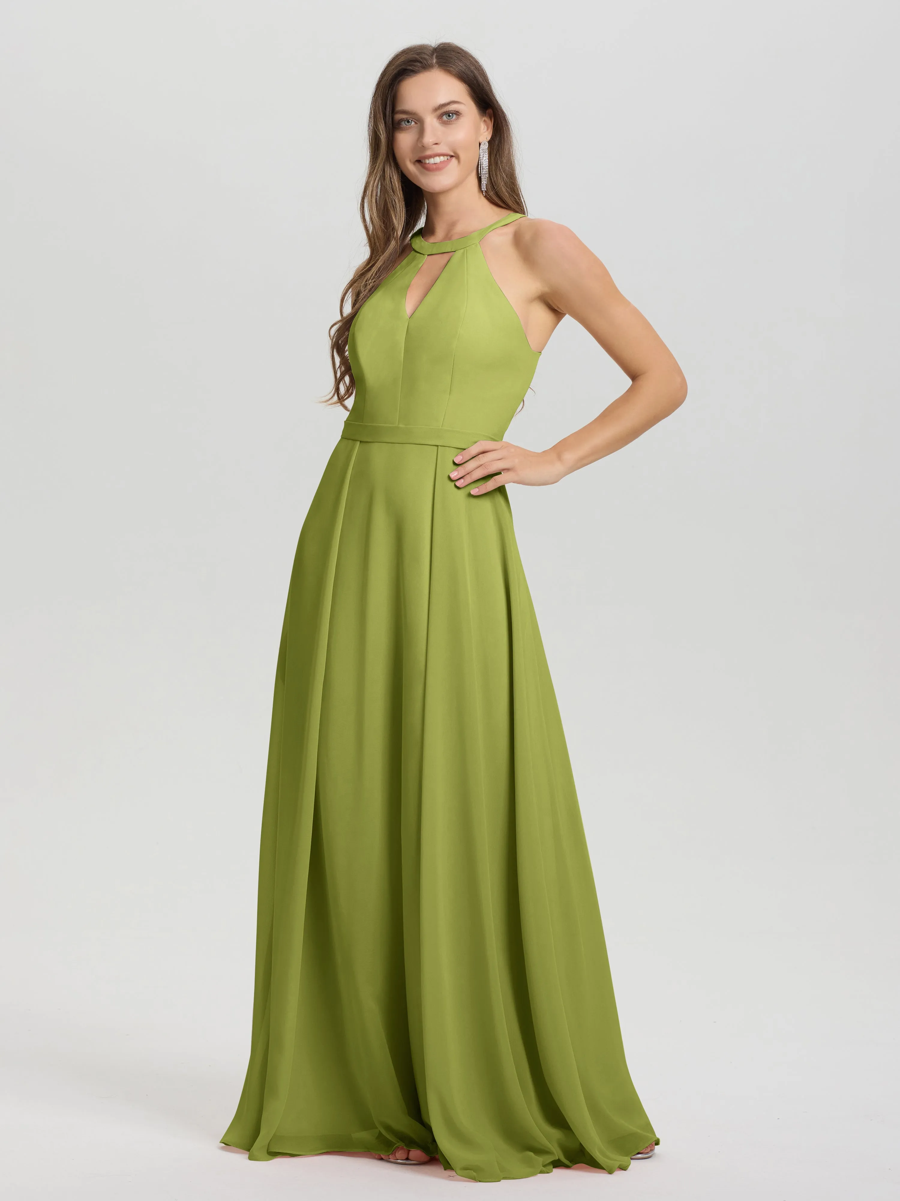 Hater A-Line Key Hole Sleeveless Floor Length Chiffon Bridesmaid Dress