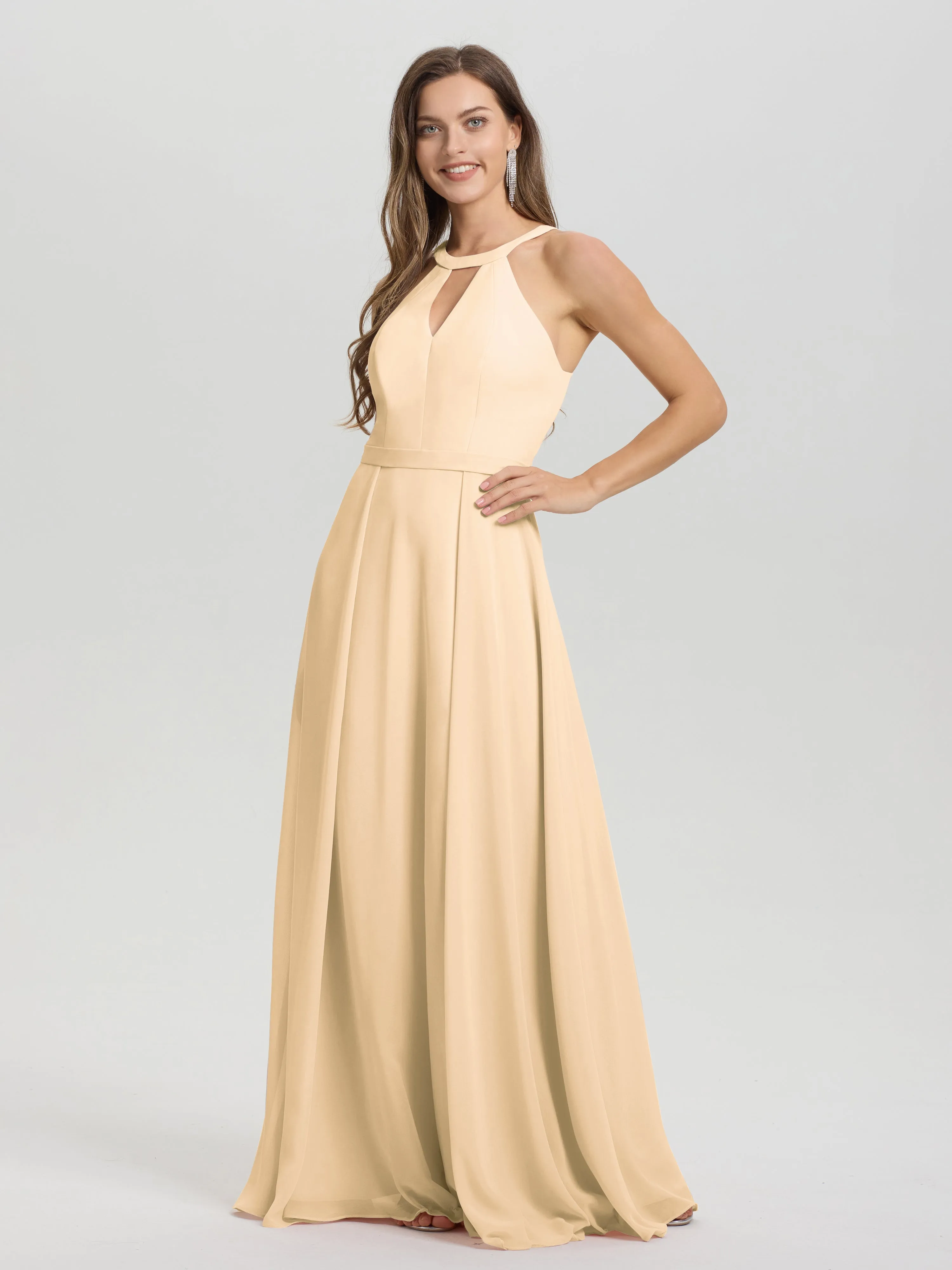 Hater A-Line Key Hole Sleeveless Floor Length Chiffon Bridesmaid Dress