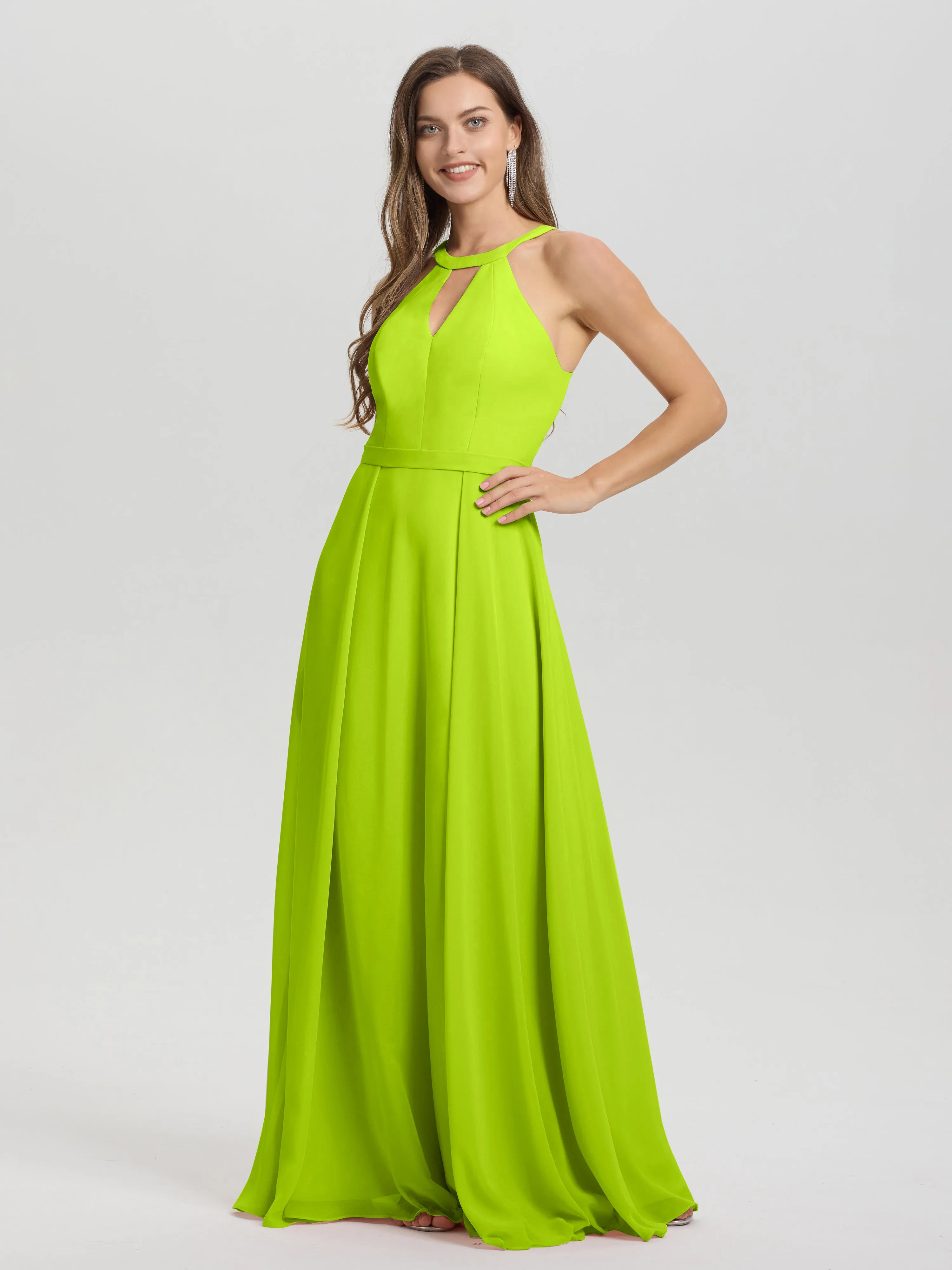 Hater A-Line Key Hole Sleeveless Floor Length Chiffon Bridesmaid Dress