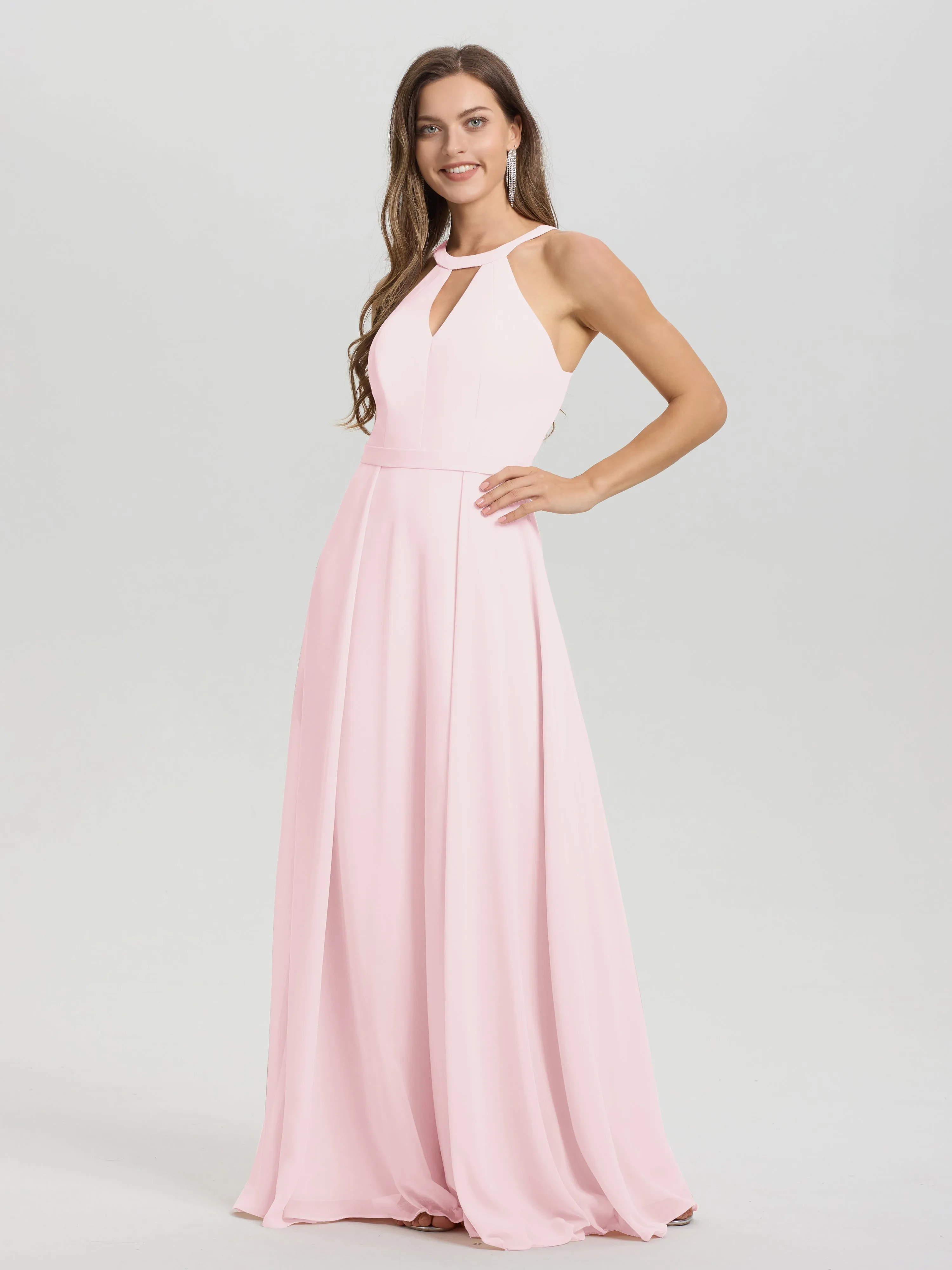 Hater A-Line Key Hole Sleeveless Floor Length Chiffon Bridesmaid Dress