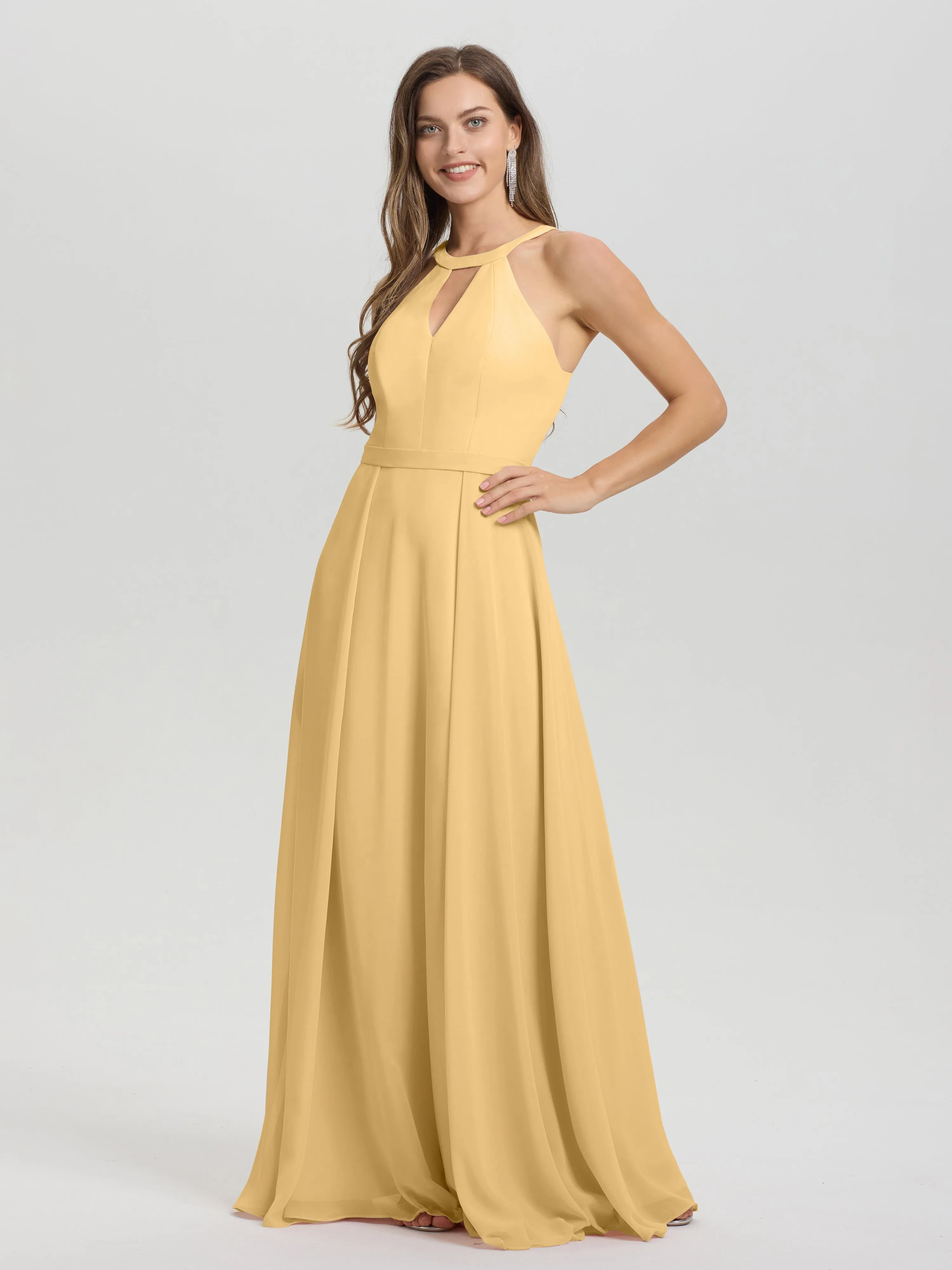 Hater A-Line Key Hole Sleeveless Floor Length Chiffon Bridesmaid Dress