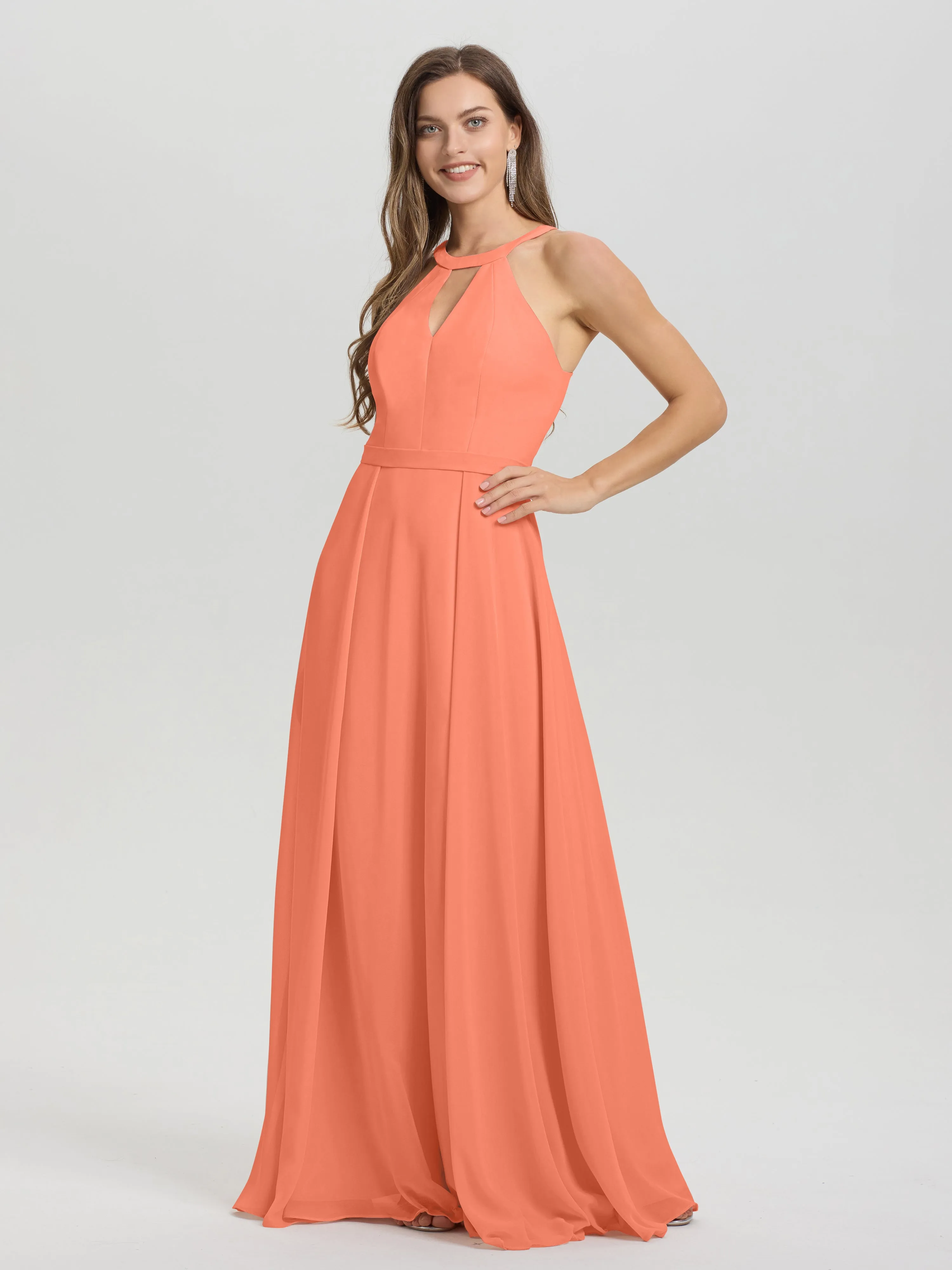 Hater A-Line Key Hole Sleeveless Floor Length Chiffon Bridesmaid Dress