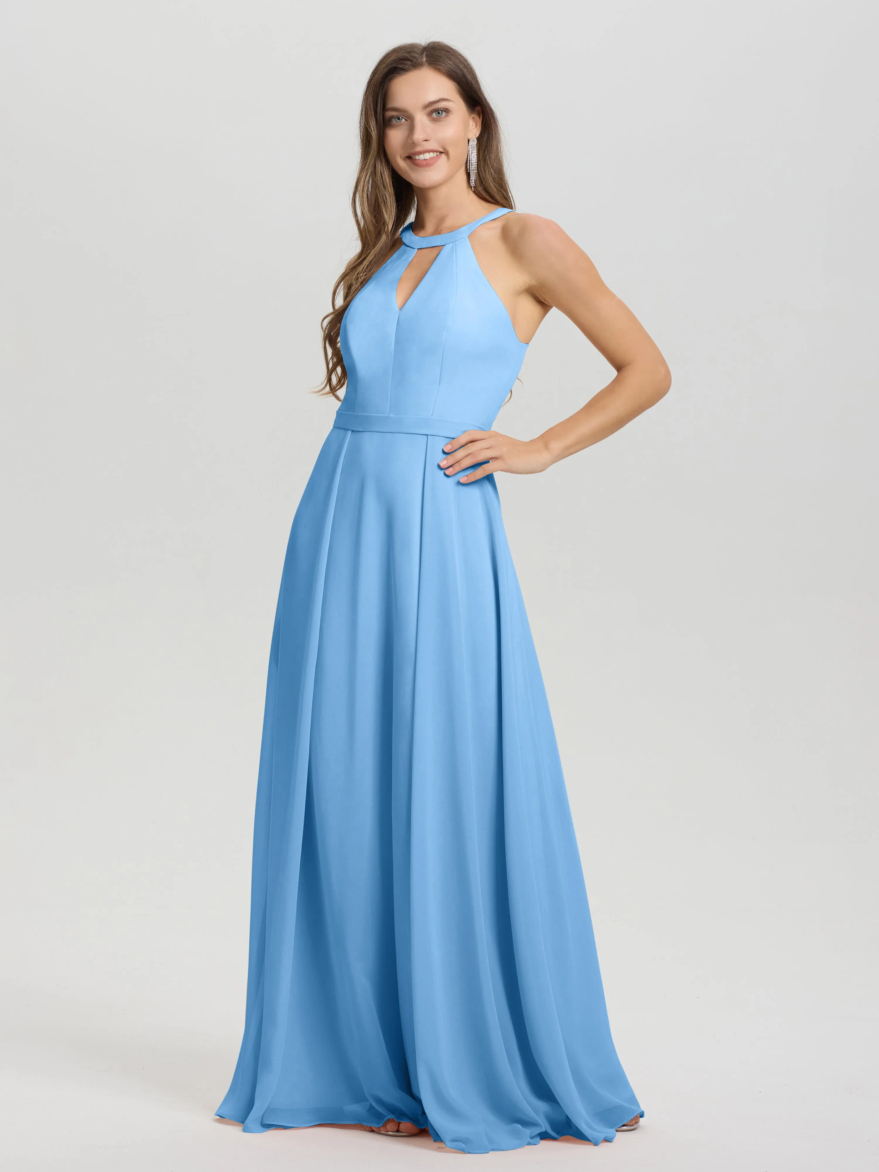 Hater A-Line Key Hole Sleeveless Floor Length Chiffon Bridesmaid Dress