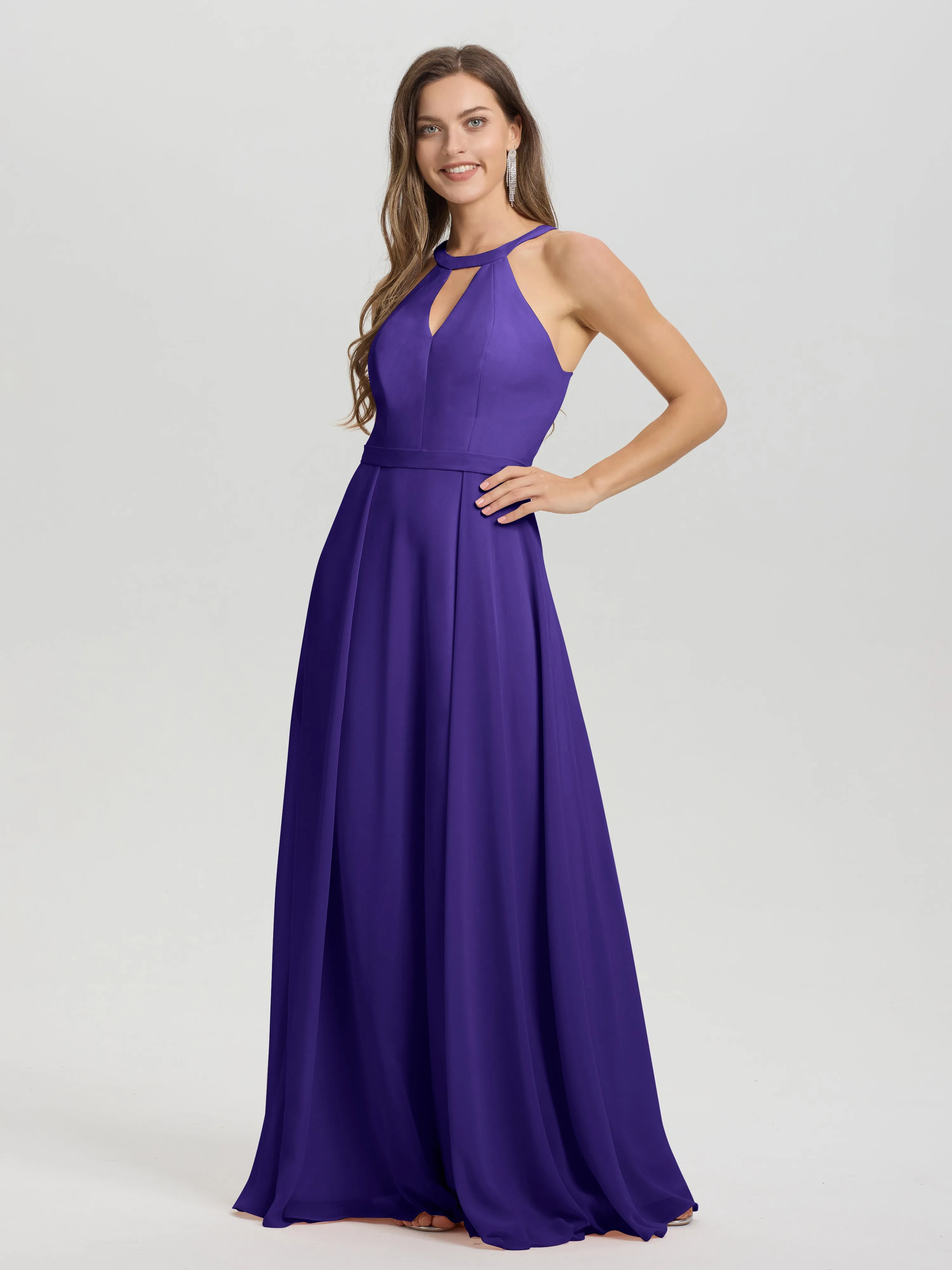 Hater A-Line Key Hole Sleeveless Floor Length Chiffon Bridesmaid Dress