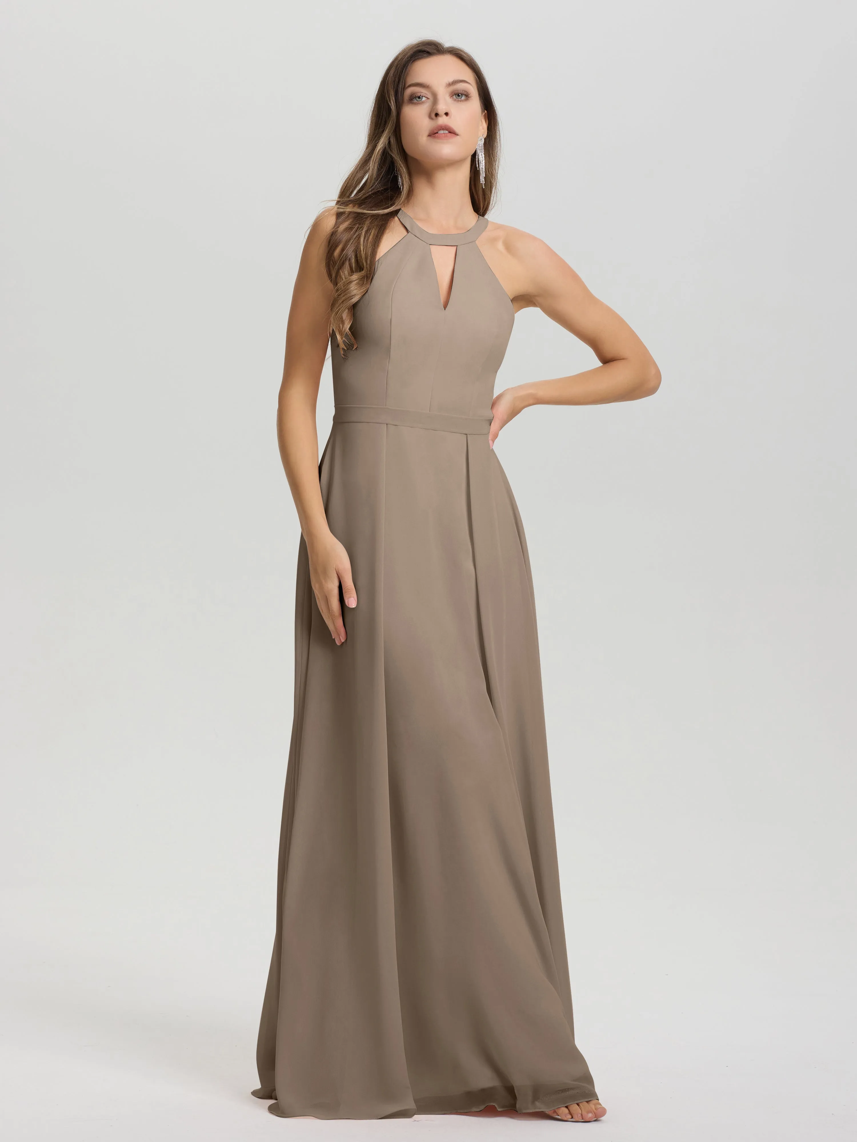 Hater A-Line Key Hole Sleeveless Floor Length Chiffon Bridesmaid Dress