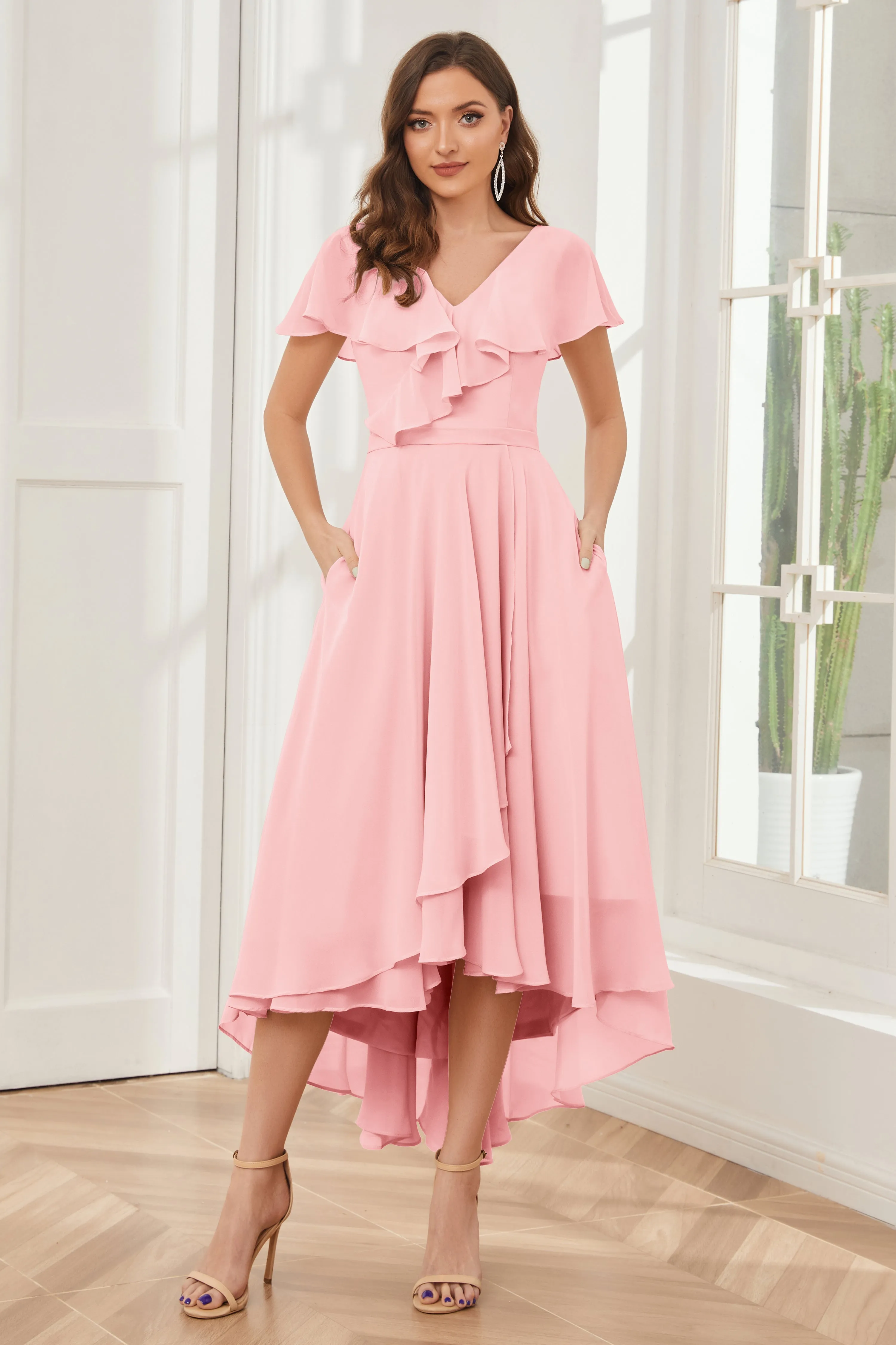 High Low Short Sleeves Bridesmaid Dresses with Pockets