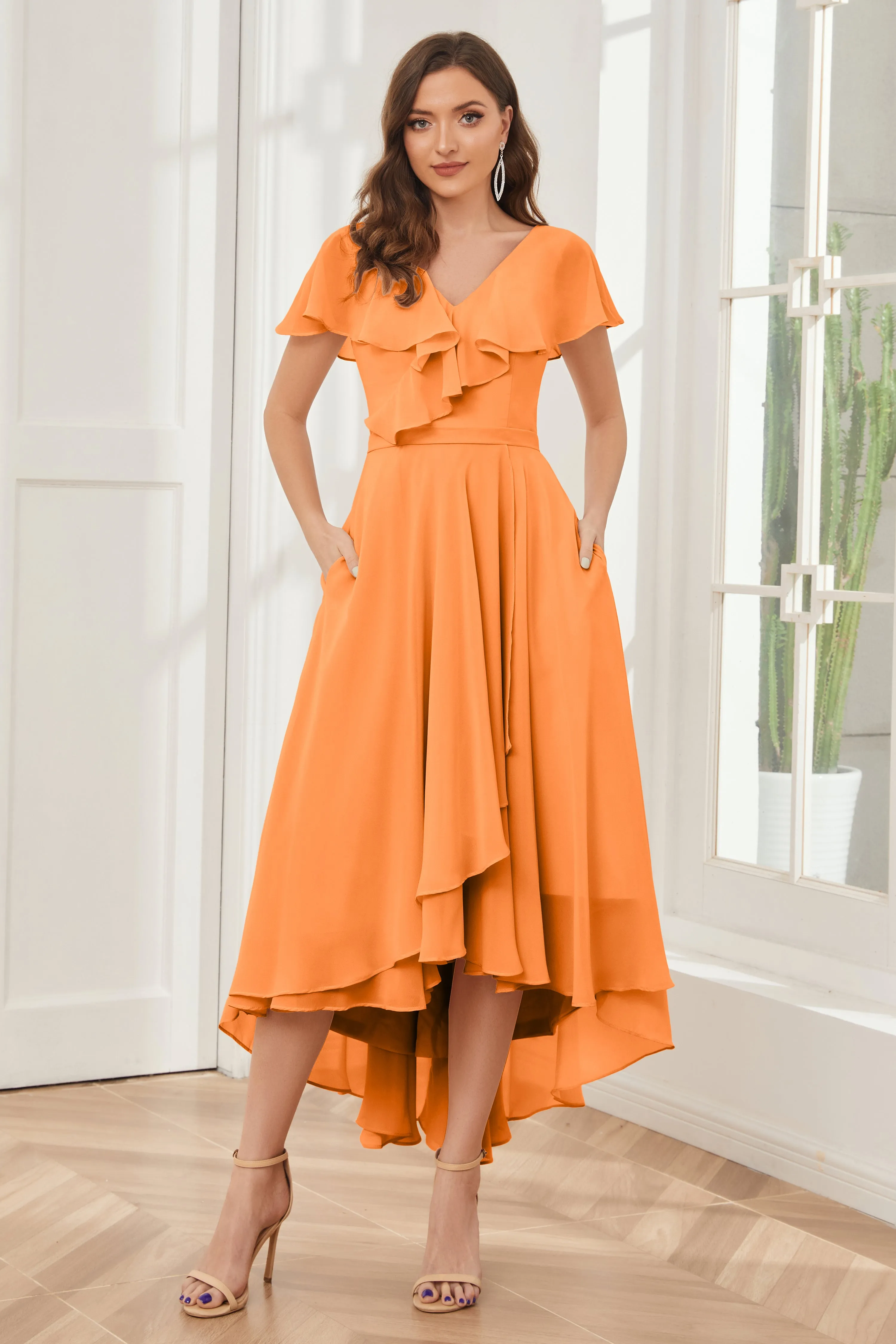 High Low Short Sleeves Bridesmaid Dresses with Pockets