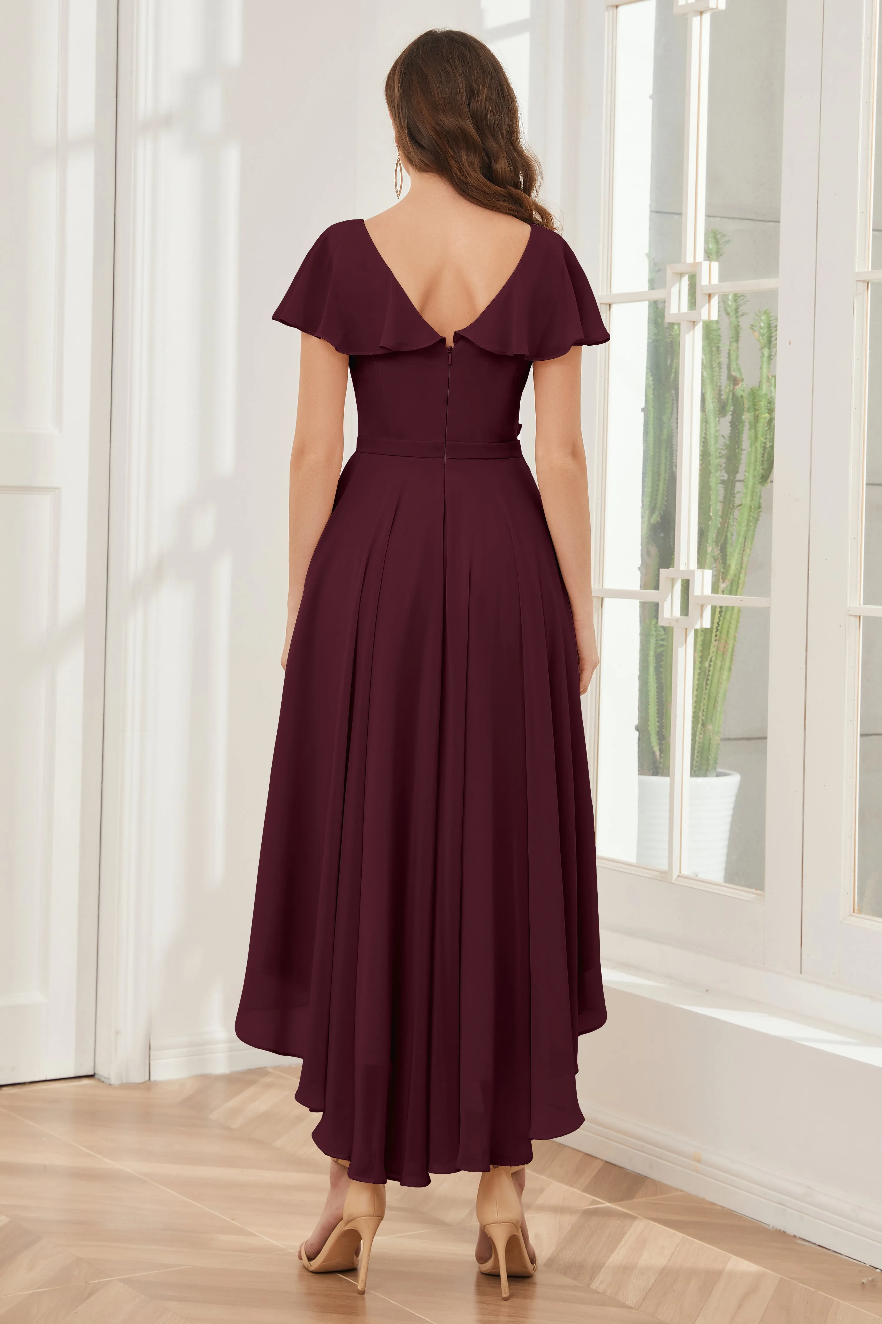 High Low Short Sleeves Bridesmaid Dresses with Pockets