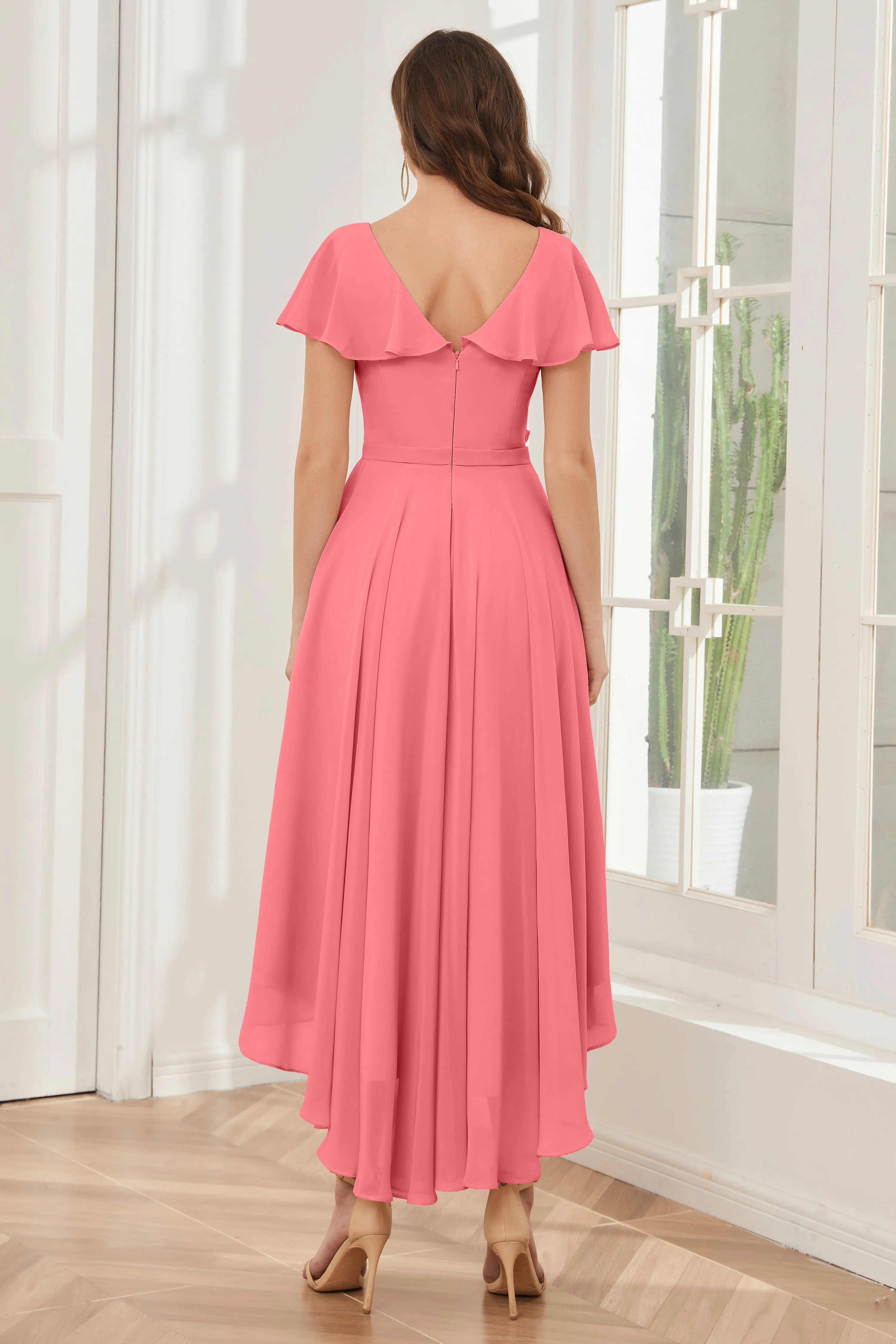 High Low Short Sleeves Bridesmaid Dresses with Pockets