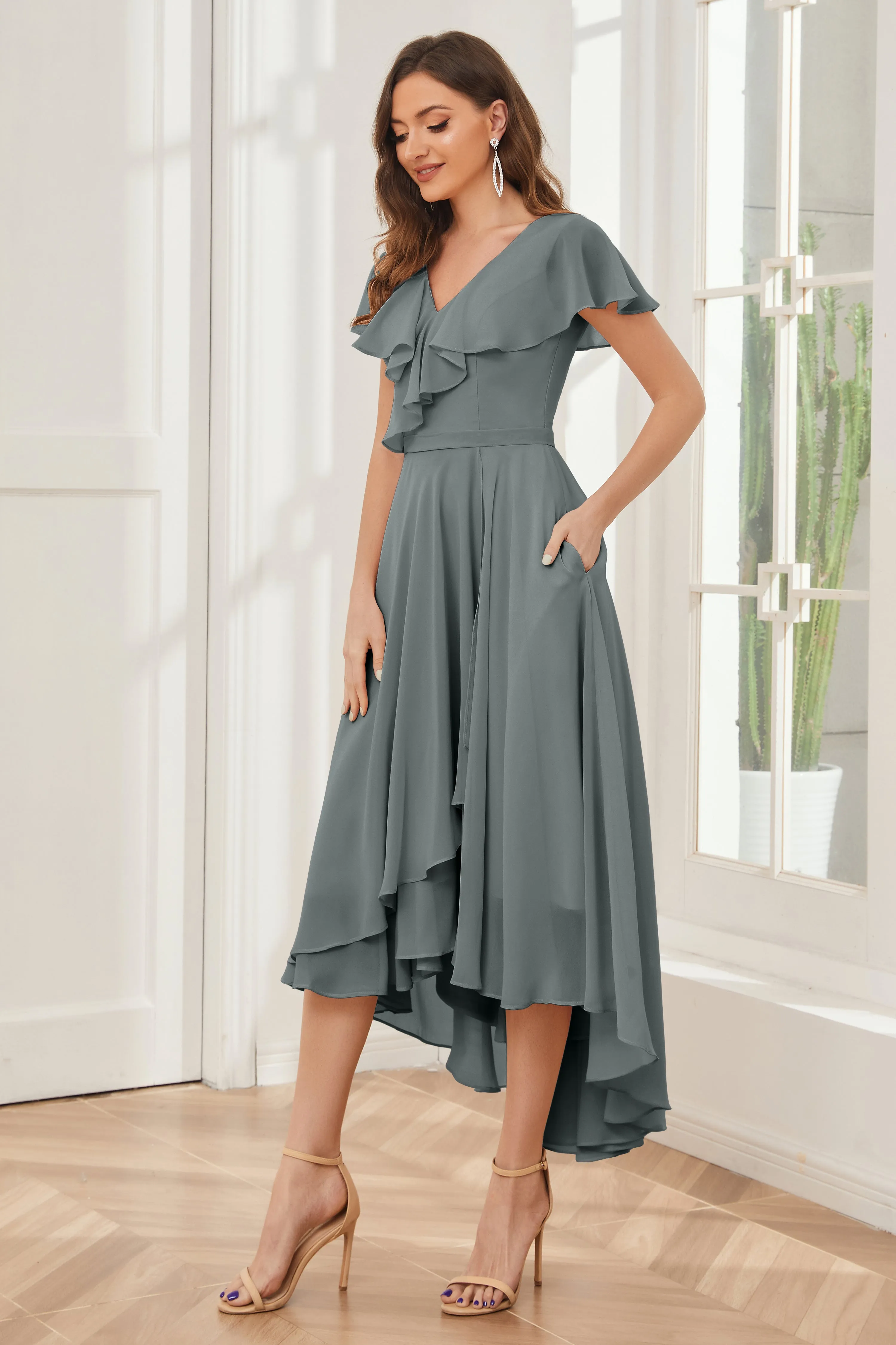 High Low Short Sleeves Bridesmaid Dresses with Pockets