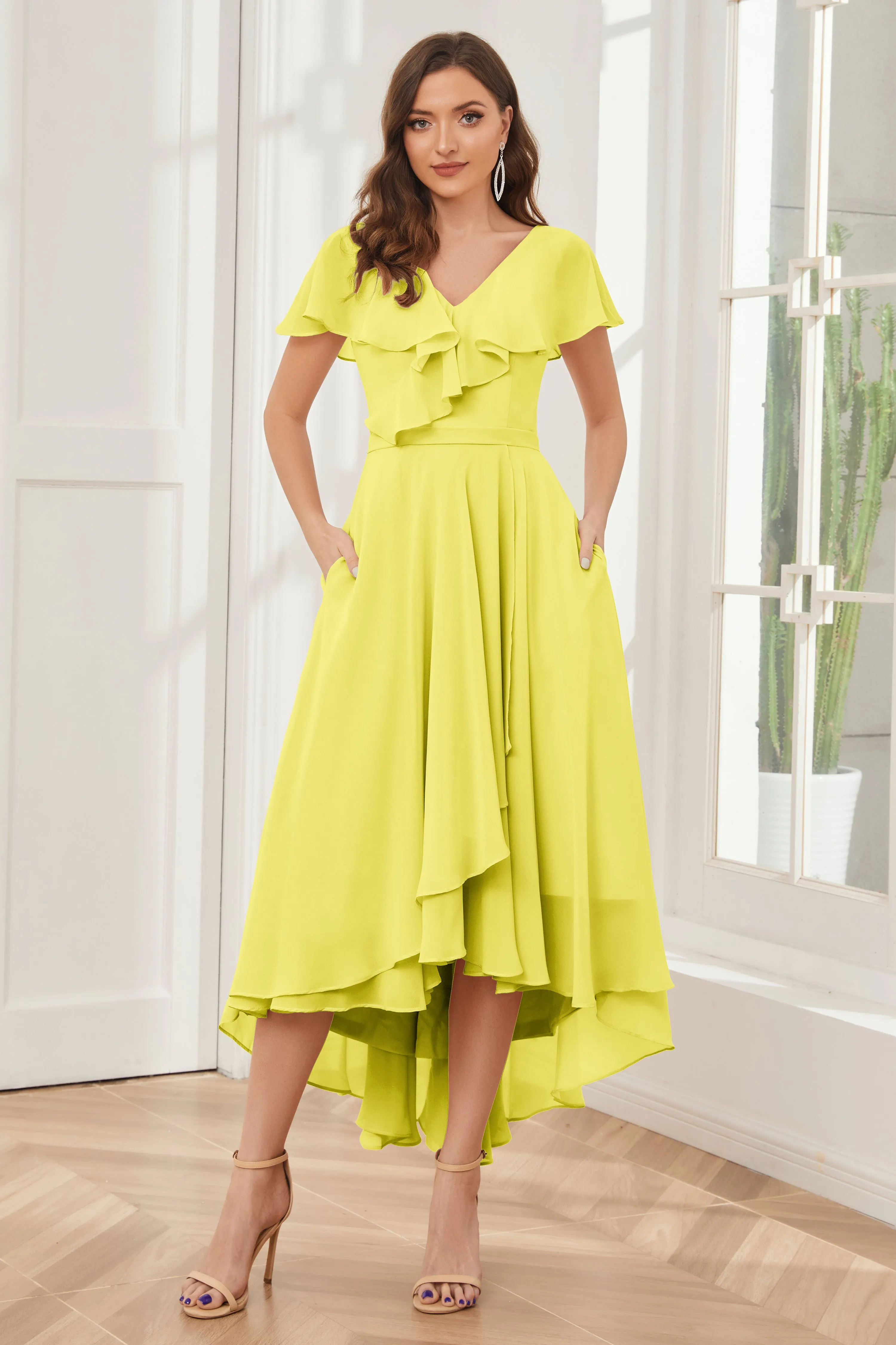 High Low Short Sleeves Bridesmaid Dresses with Pockets