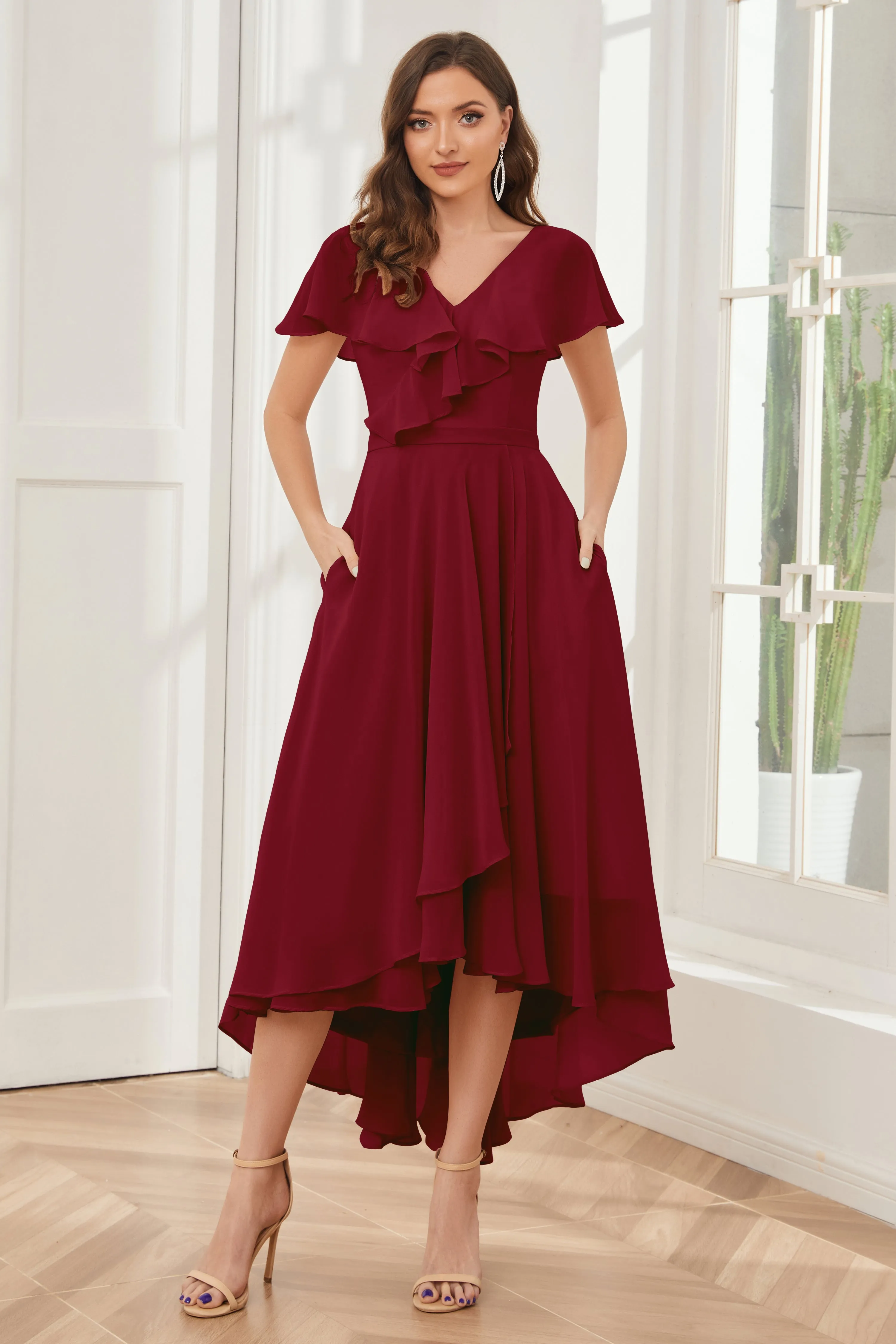 High Low Short Sleeves Bridesmaid Dresses with Pockets