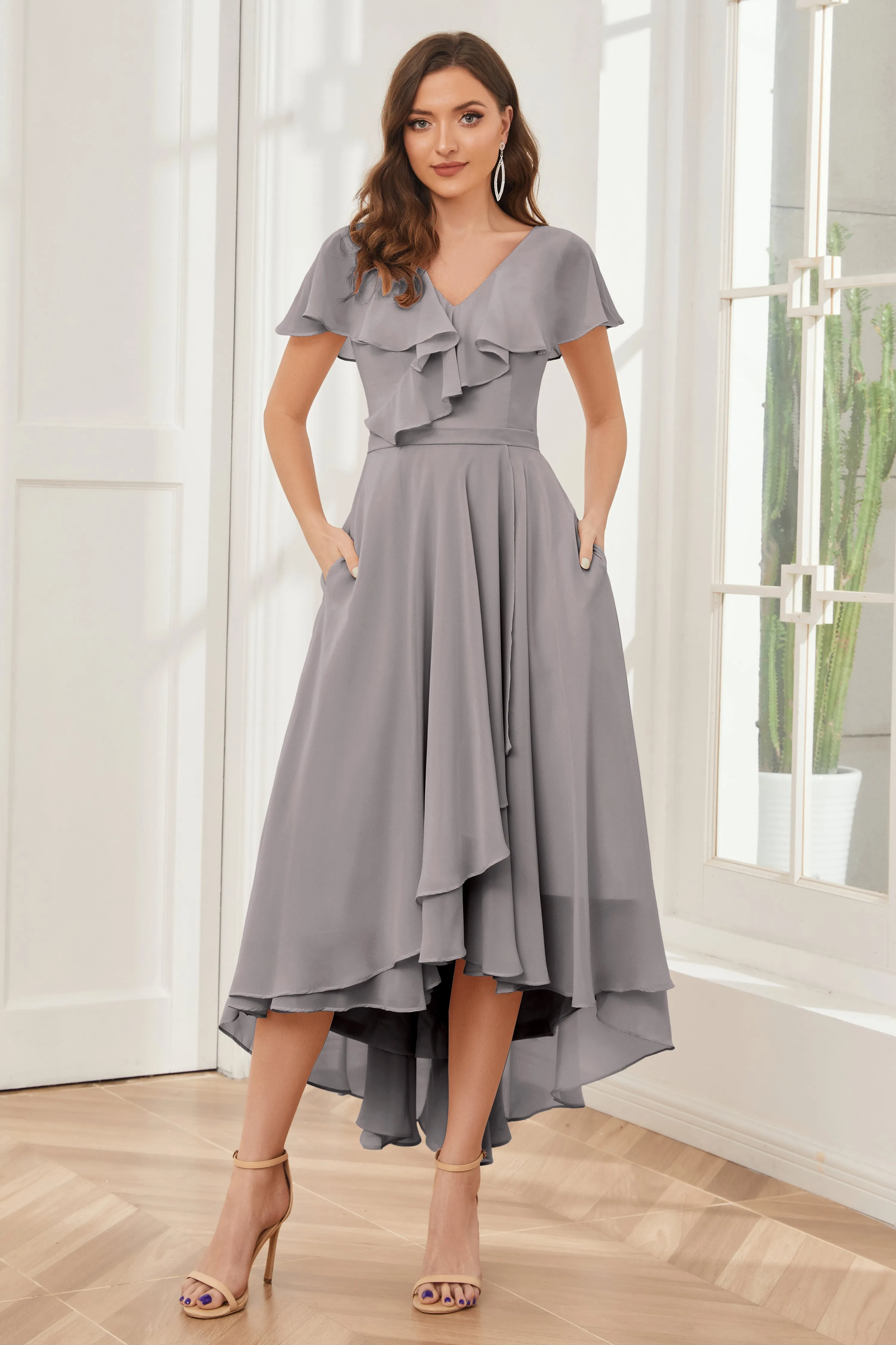 High Low Short Sleeves Bridesmaid Dresses with Pockets