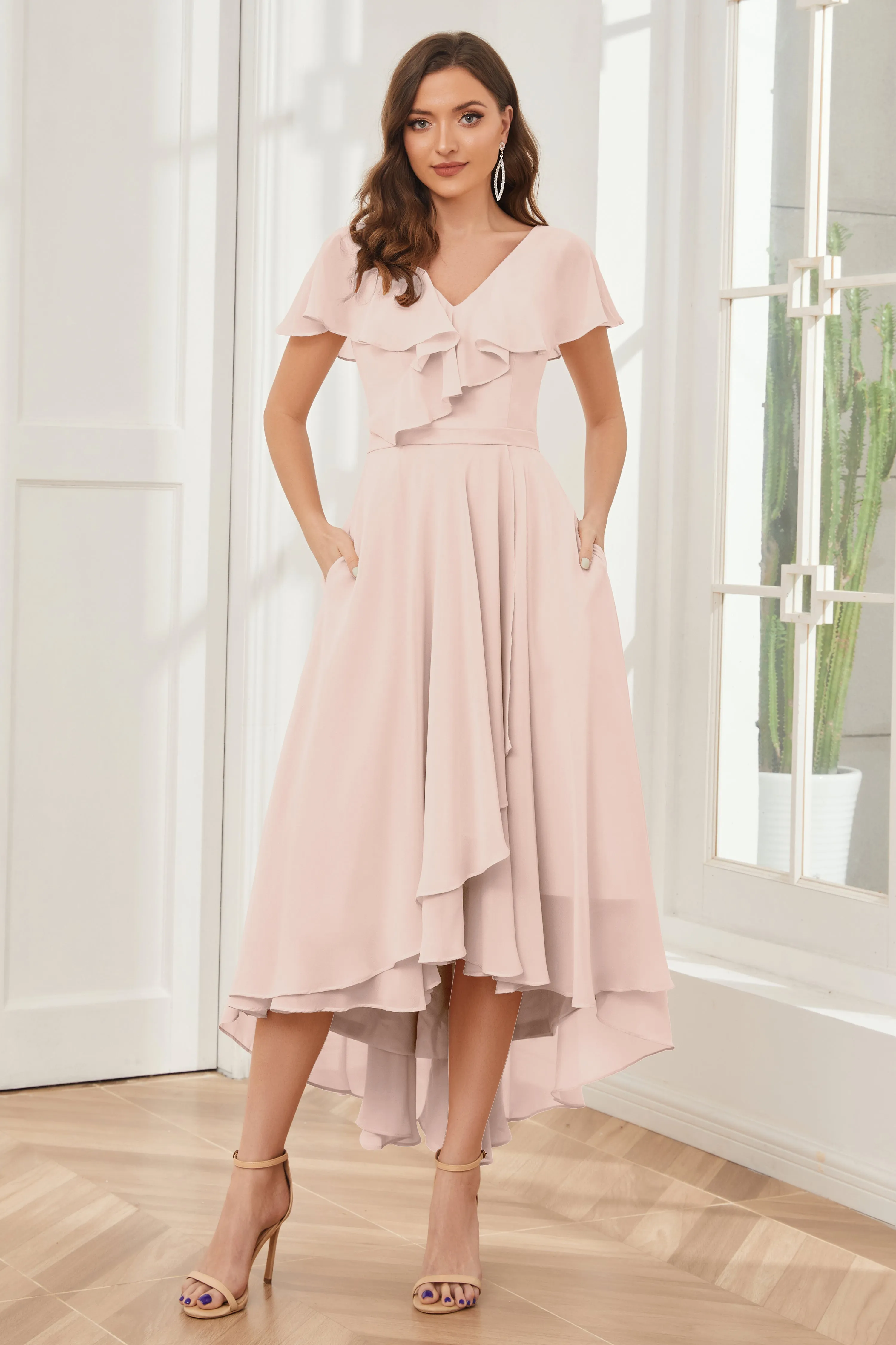 High Low Short Sleeves Bridesmaid Dresses with Pockets