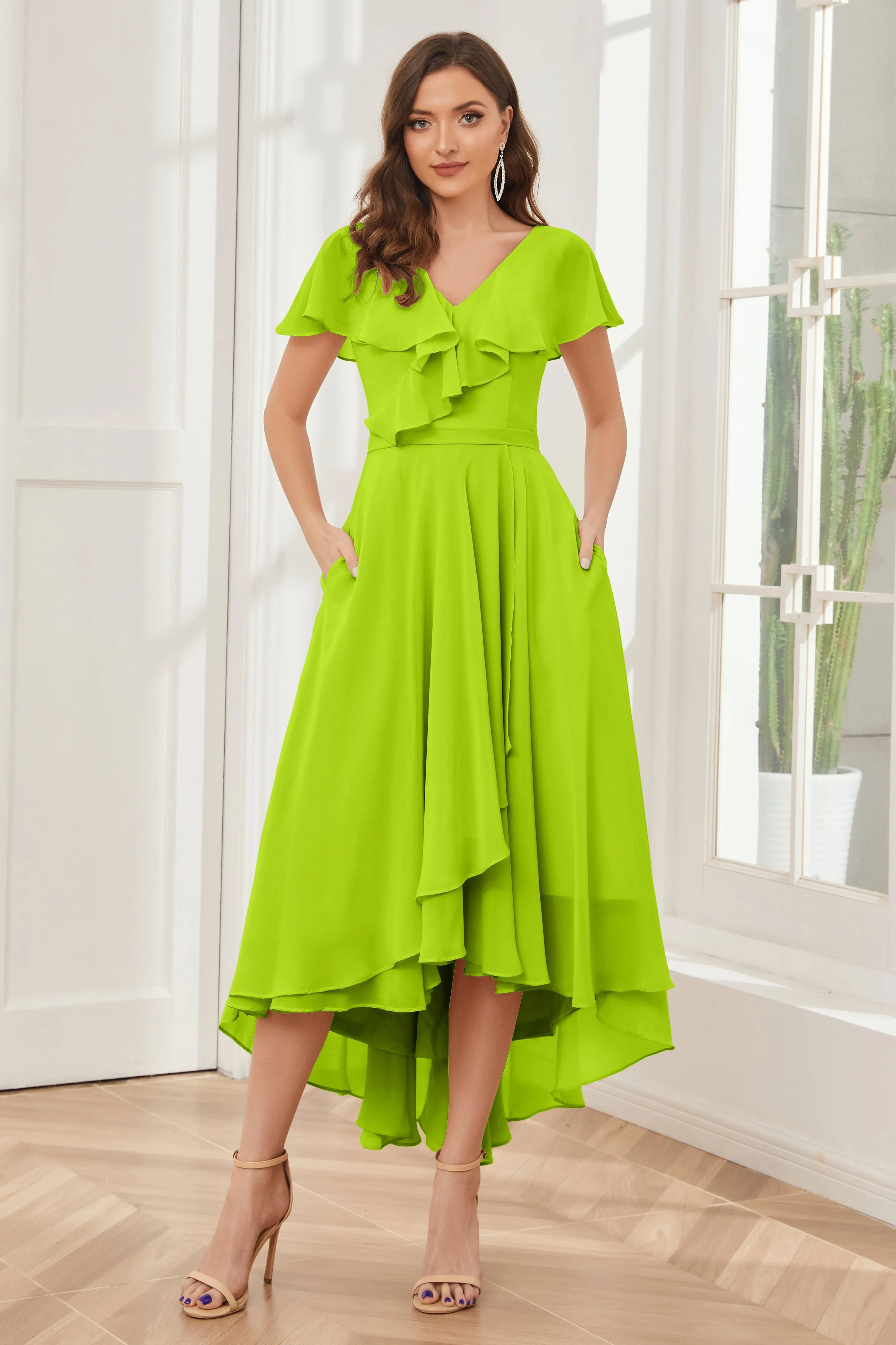 High Low Short Sleeves Bridesmaid Dresses with Pockets