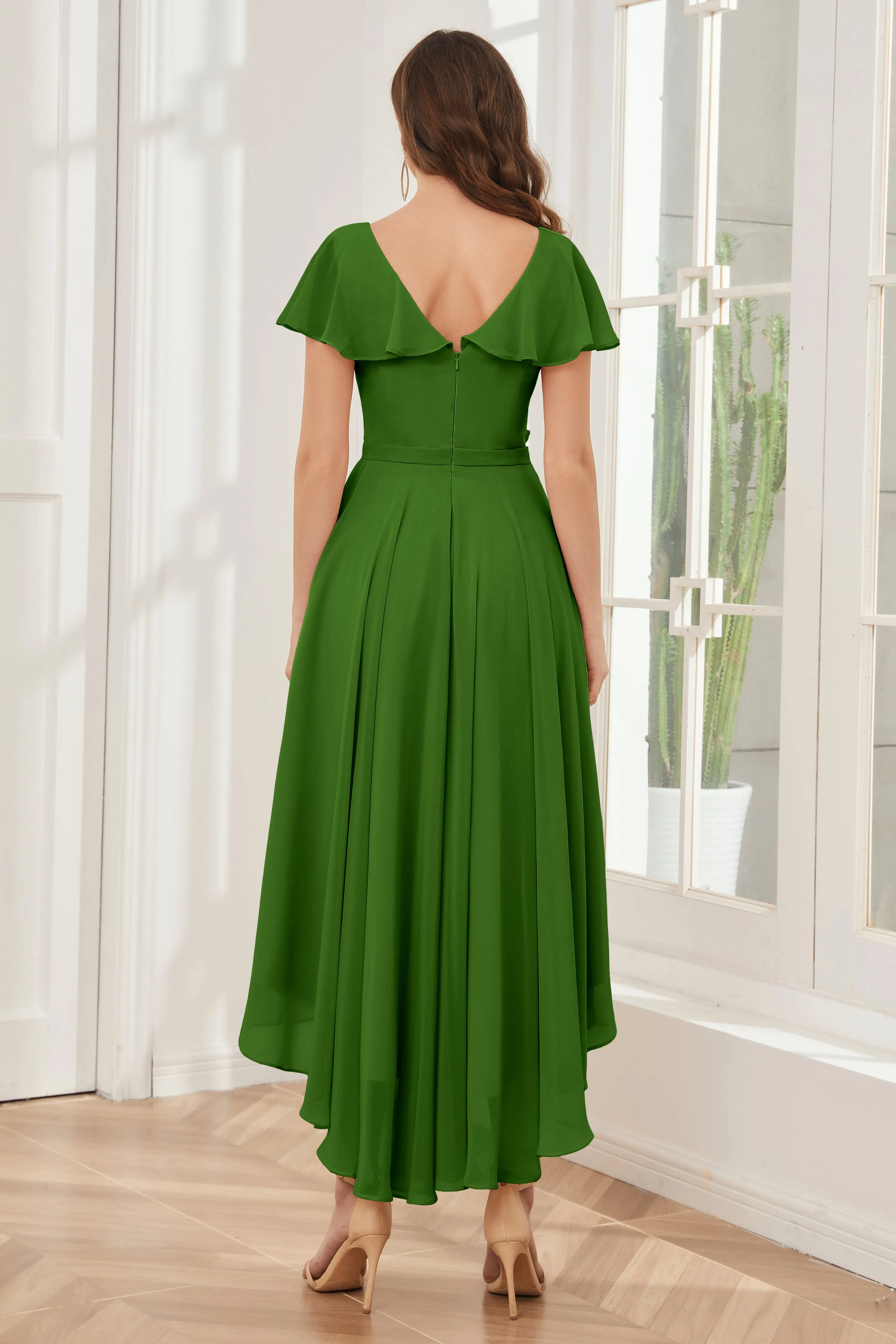 High Low Short Sleeves Bridesmaid Dresses with Pockets