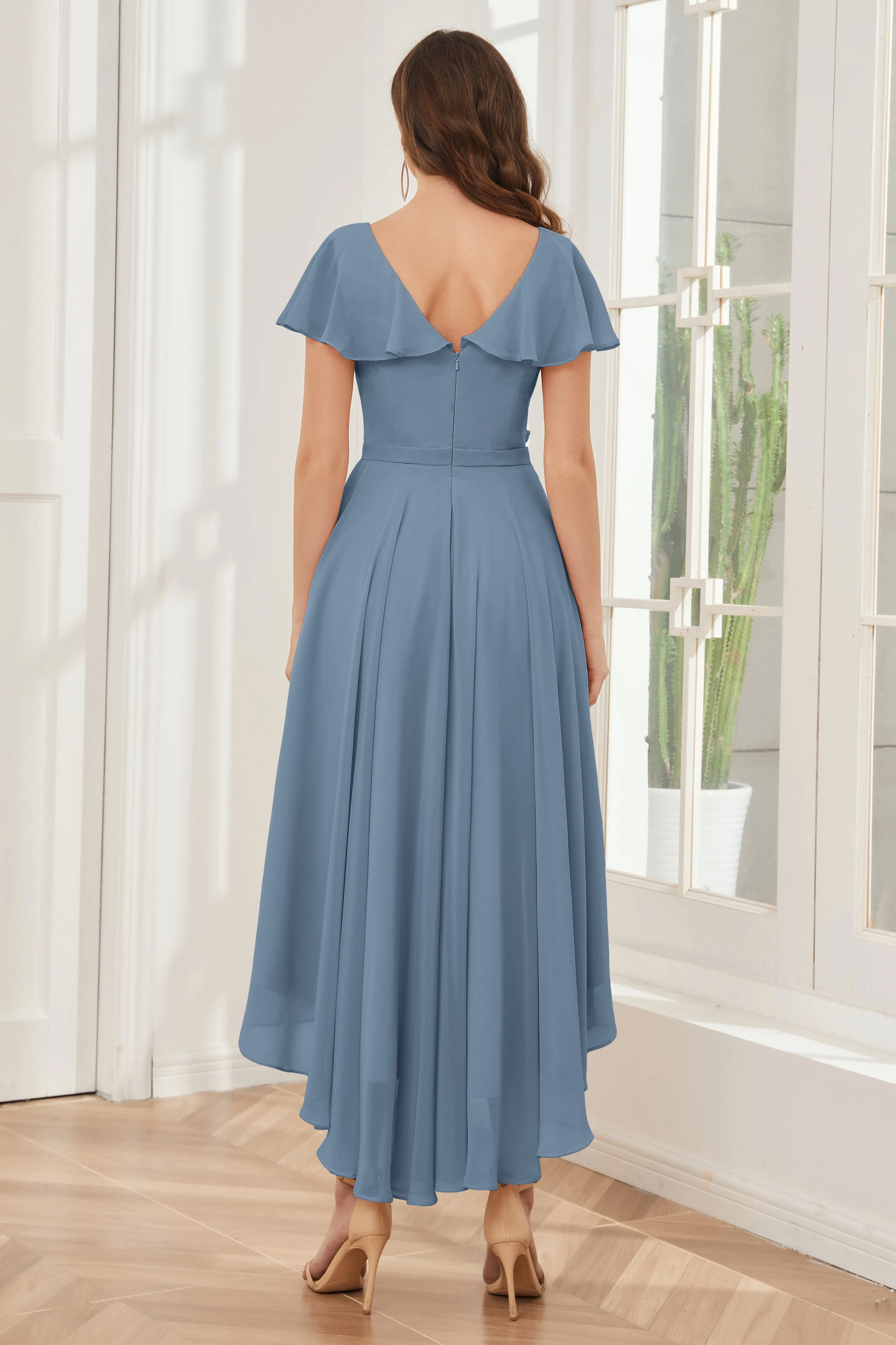 High Low Short Sleeves Bridesmaid Dresses with Pockets