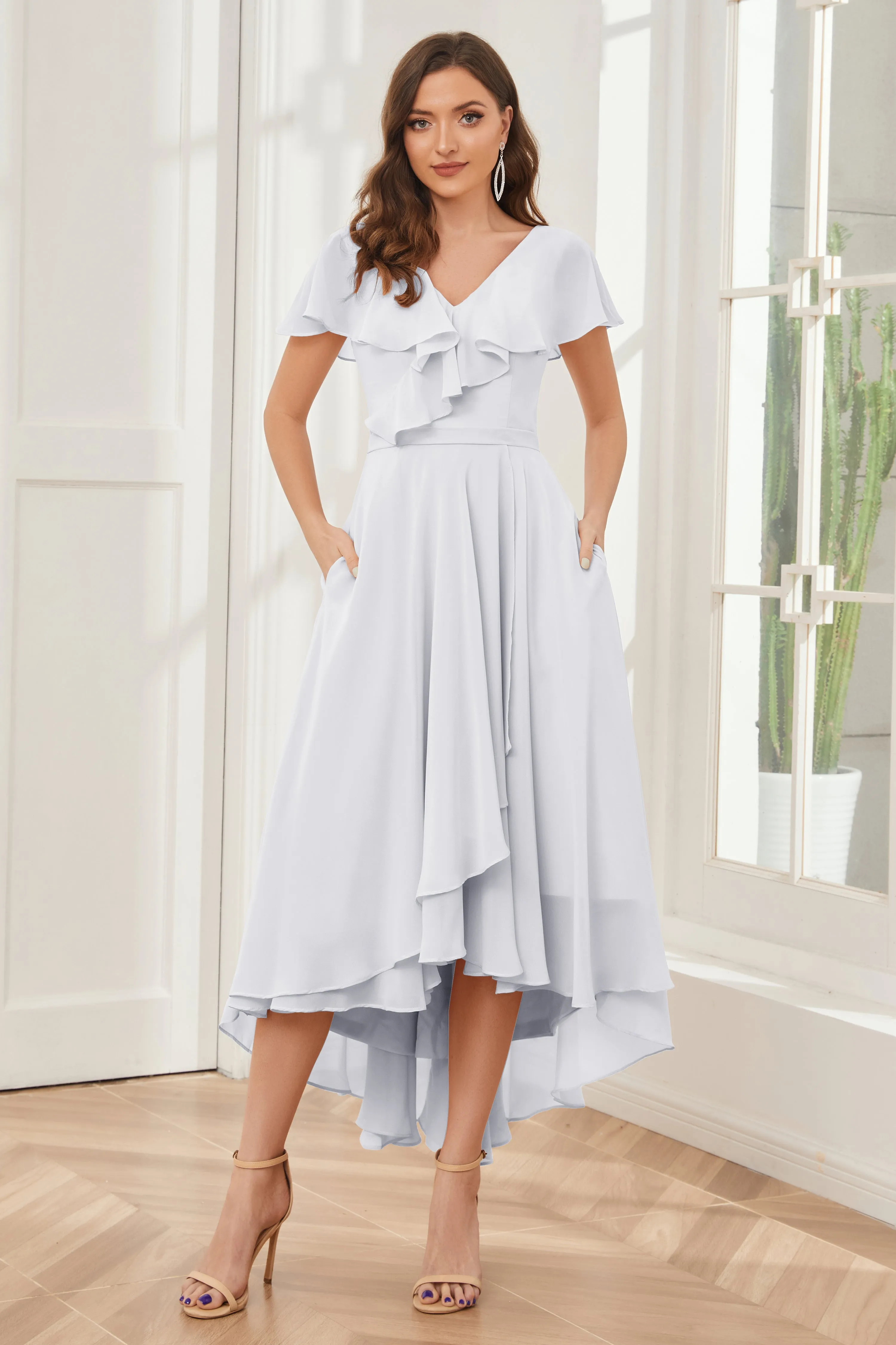 High Low Short Sleeves Bridesmaid Dresses with Pockets