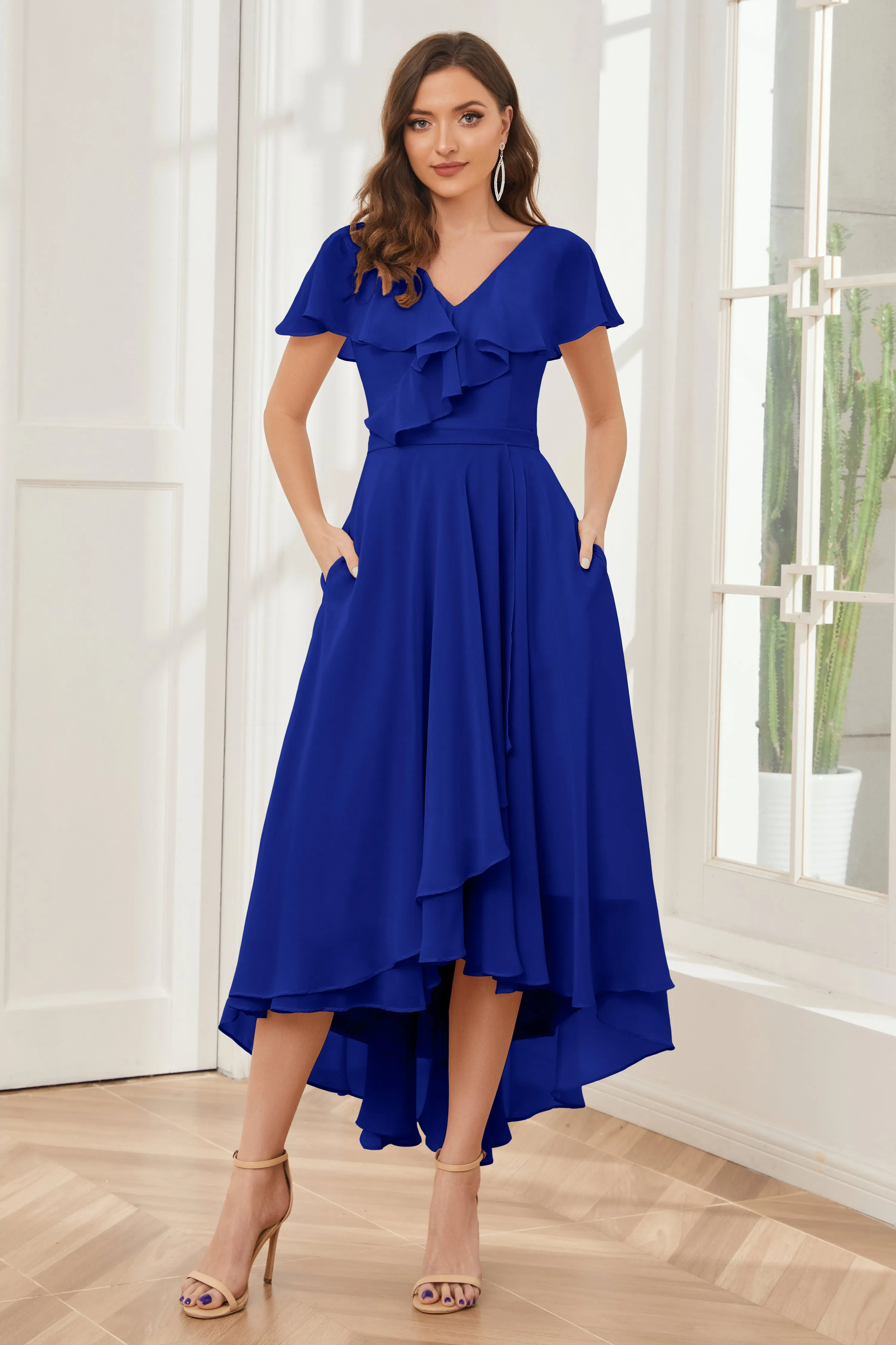 High Low Short Sleeves Bridesmaid Dresses with Pockets