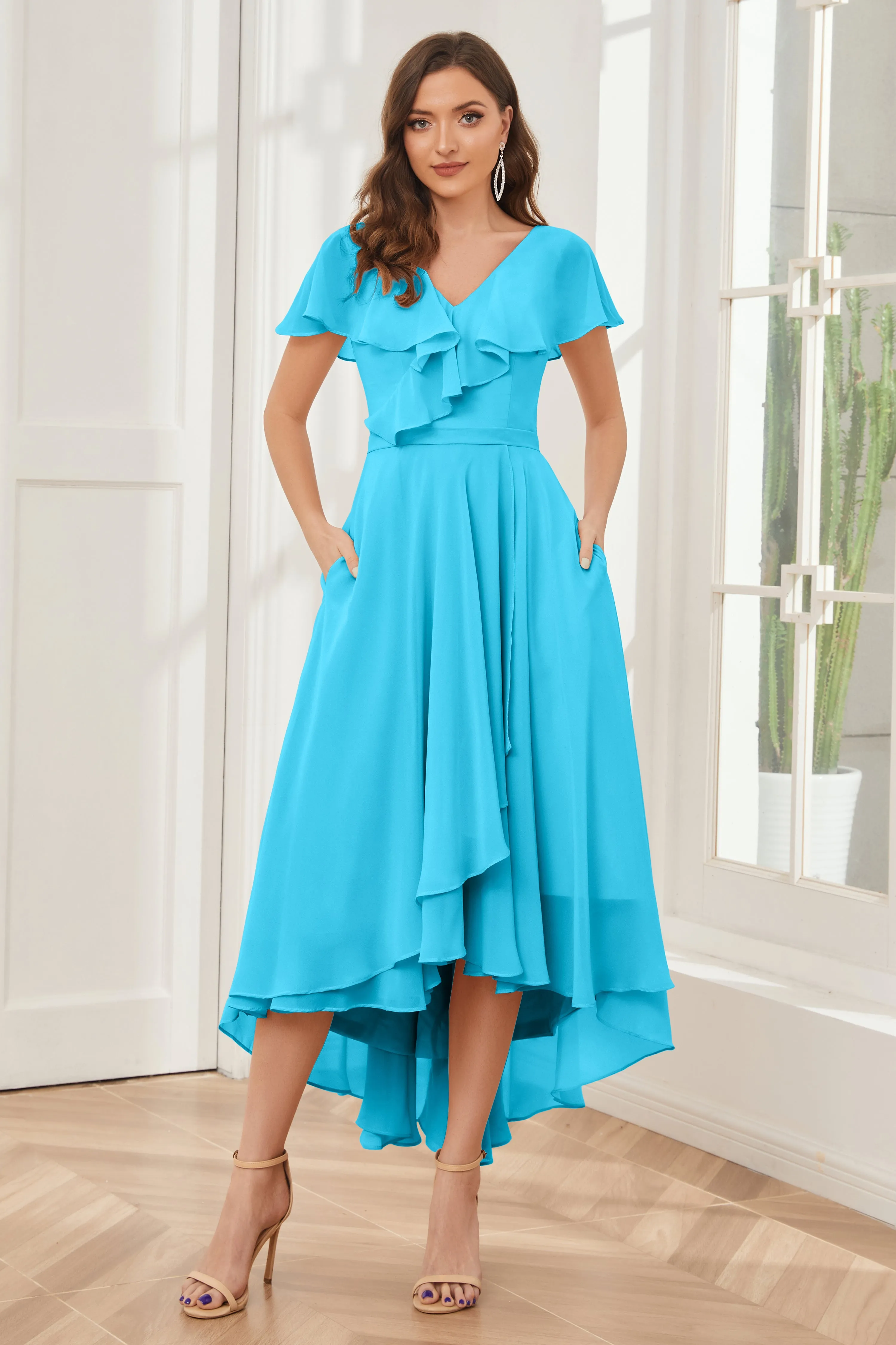 High Low Short Sleeves Bridesmaid Dresses with Pockets