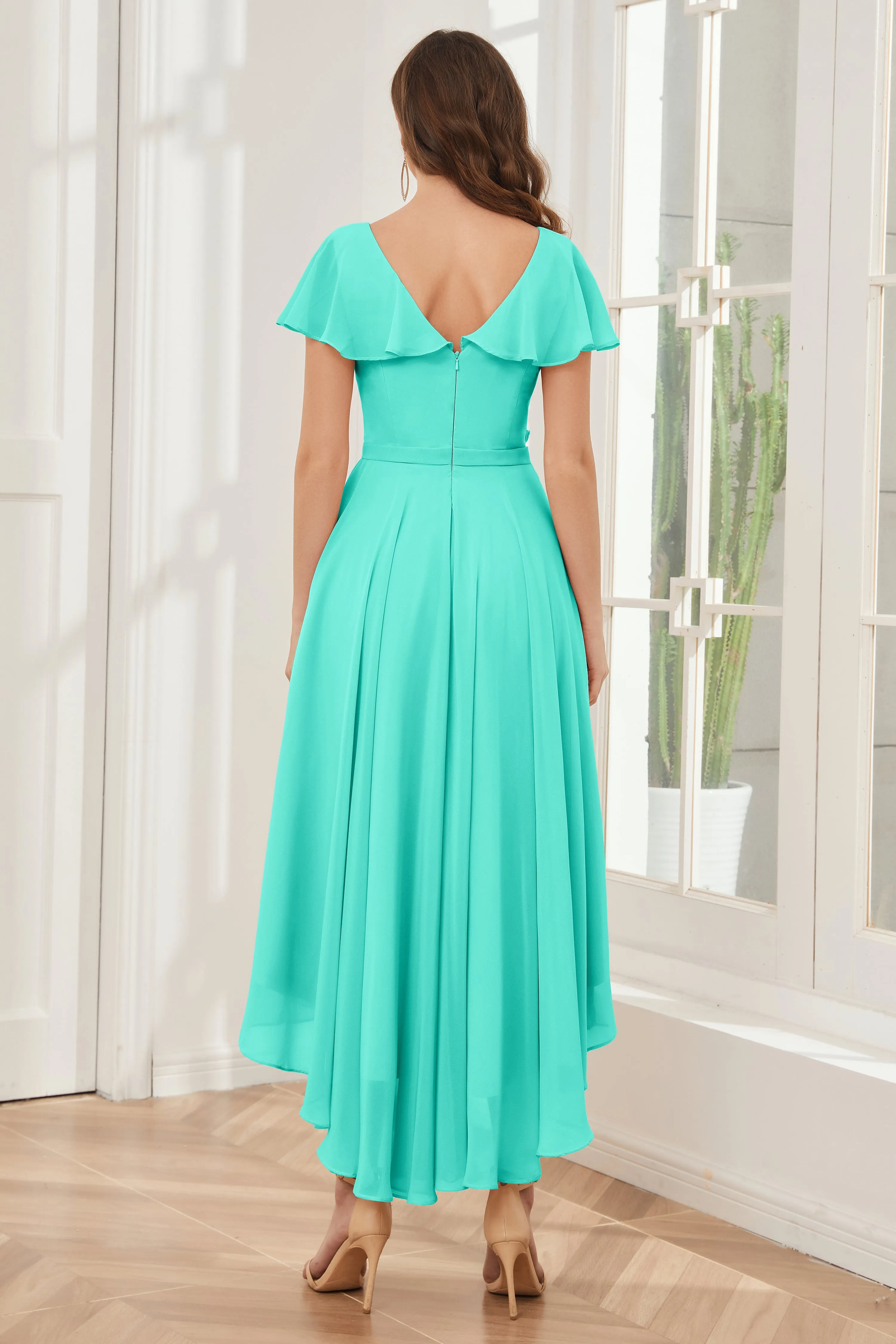 High Low Short Sleeves Bridesmaid Dresses with Pockets