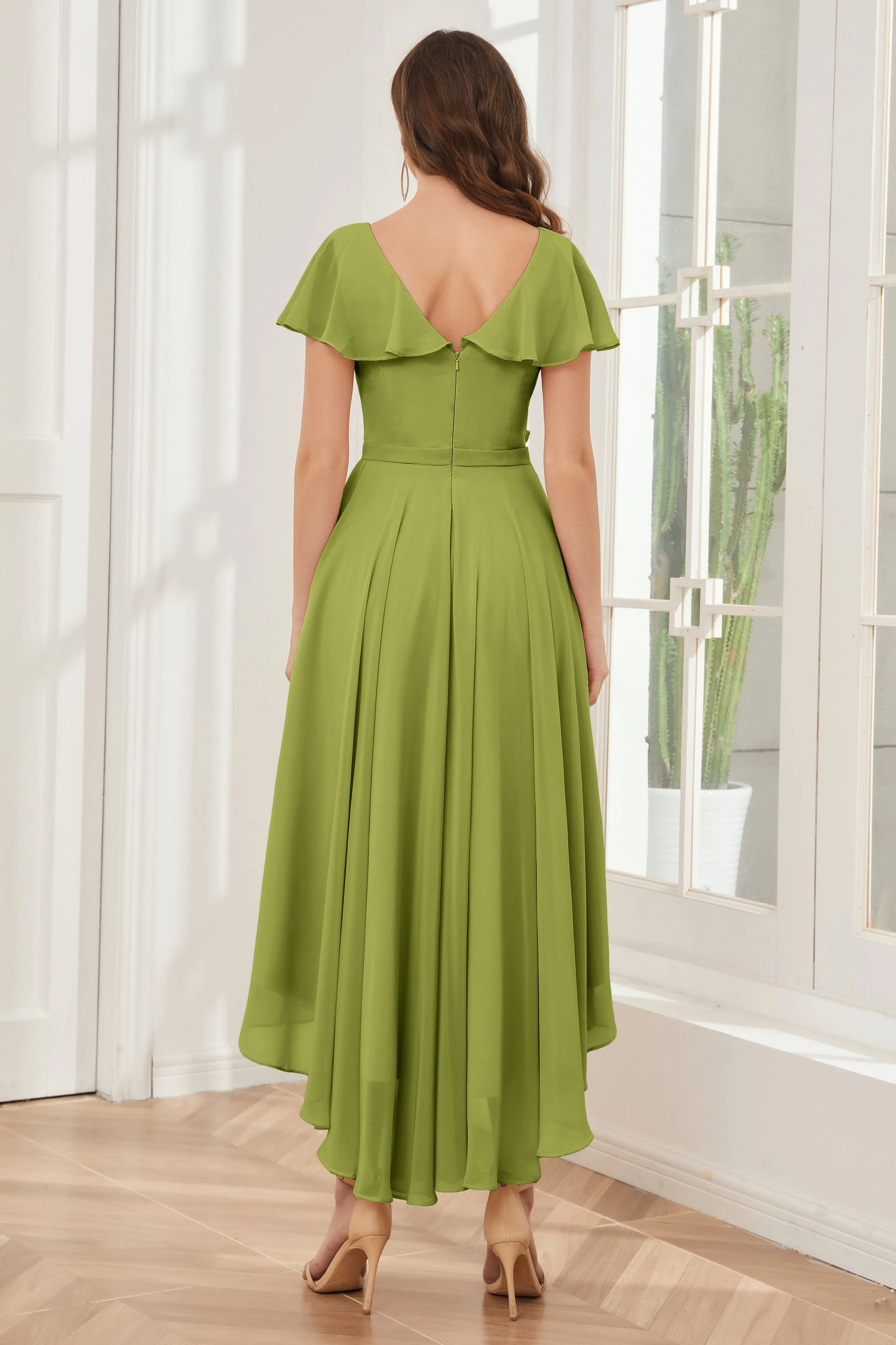 High Low Short Sleeves Bridesmaid Dresses with Pockets