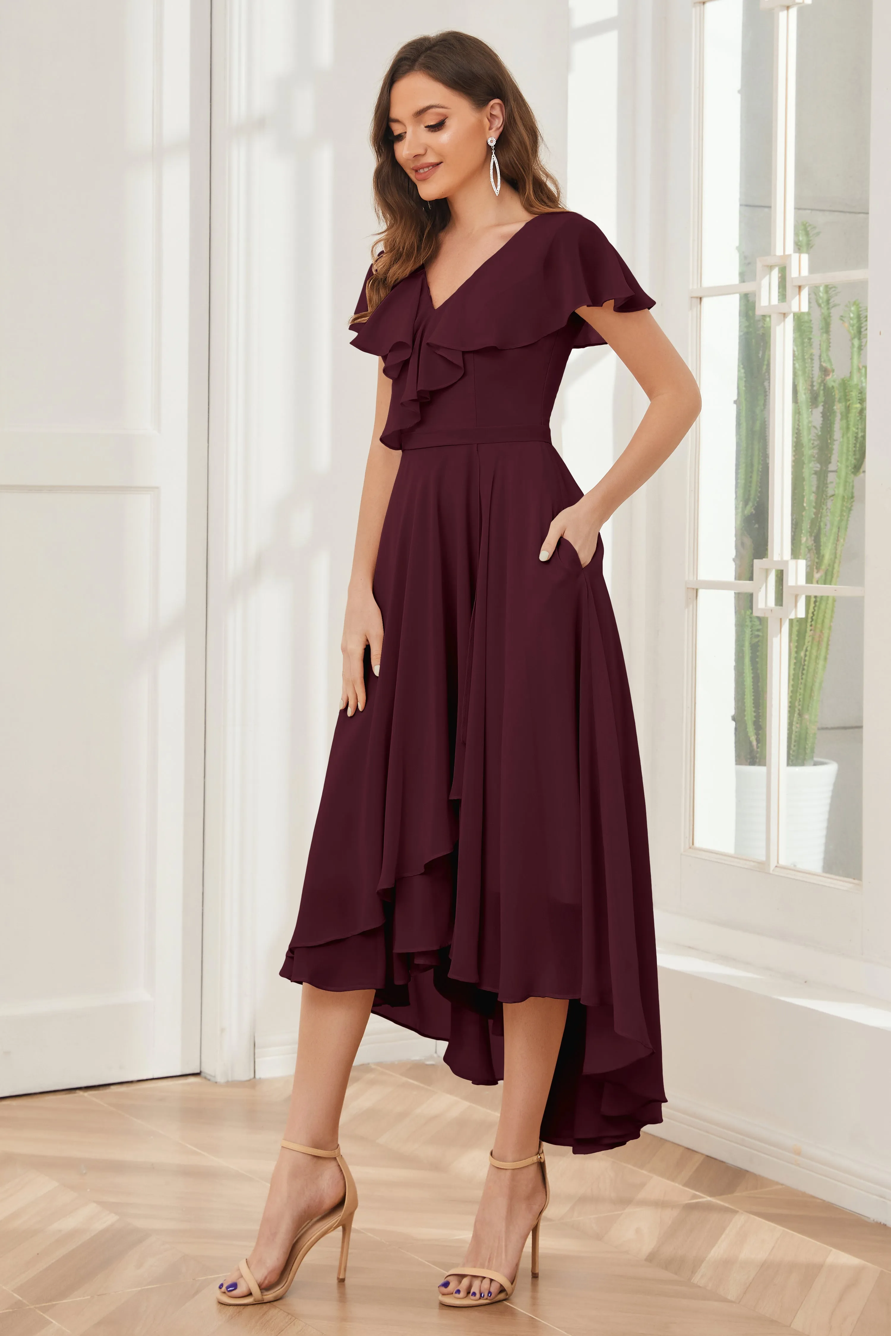 High Low Short Sleeves Bridesmaid Dresses with Pockets