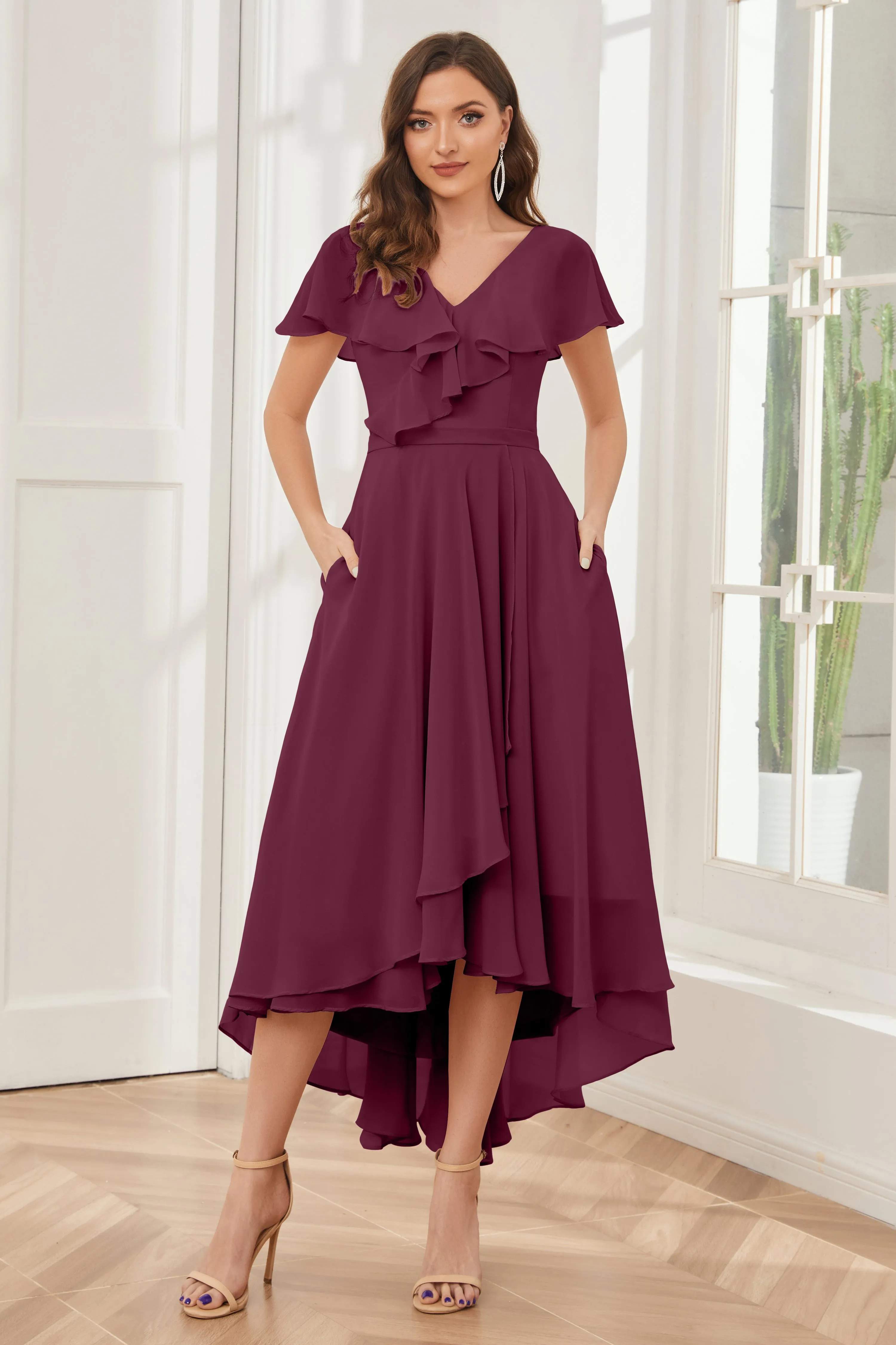 High Low Short Sleeves Bridesmaid Dresses with Pockets