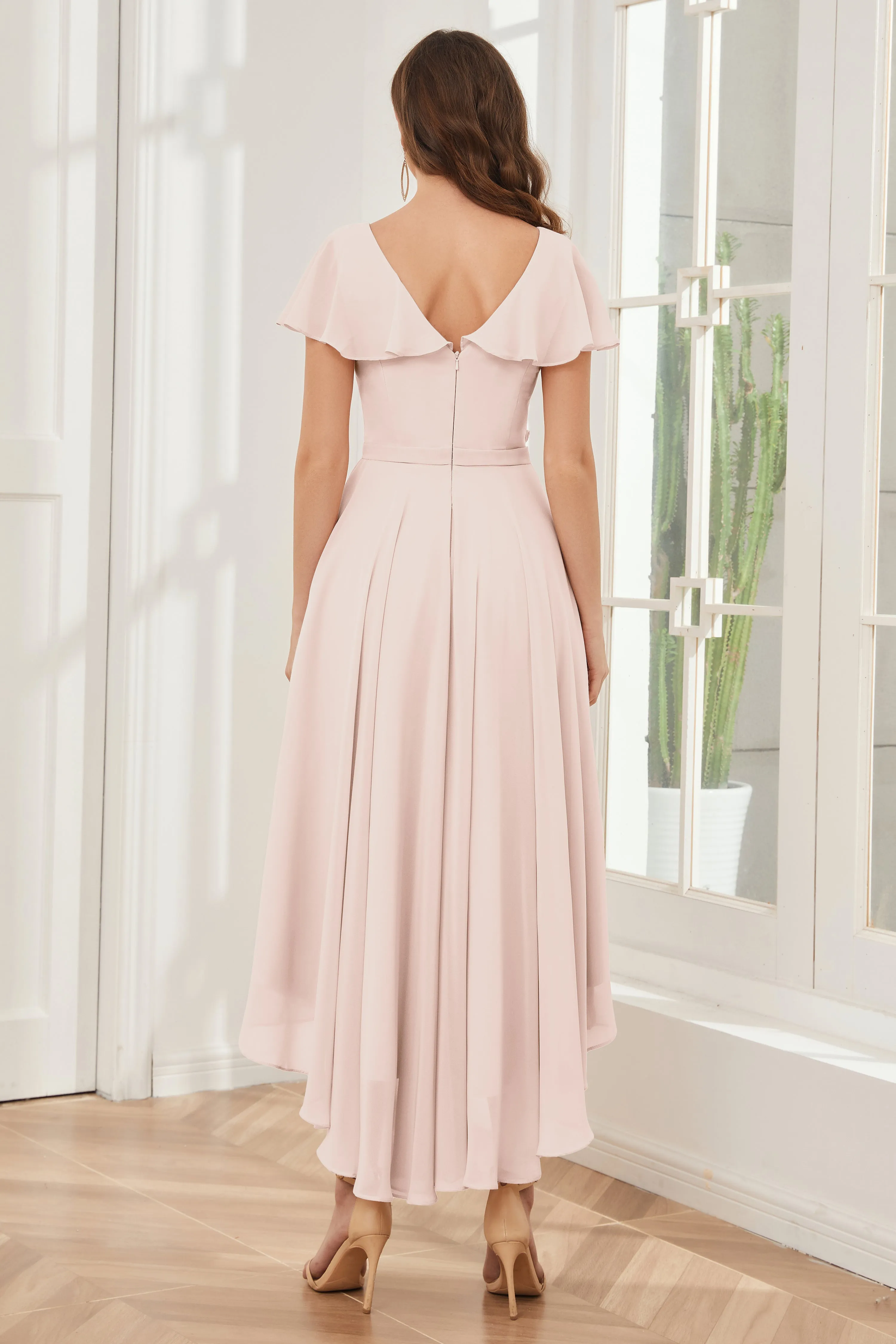 High Low Short Sleeves Bridesmaid Dresses with Pockets