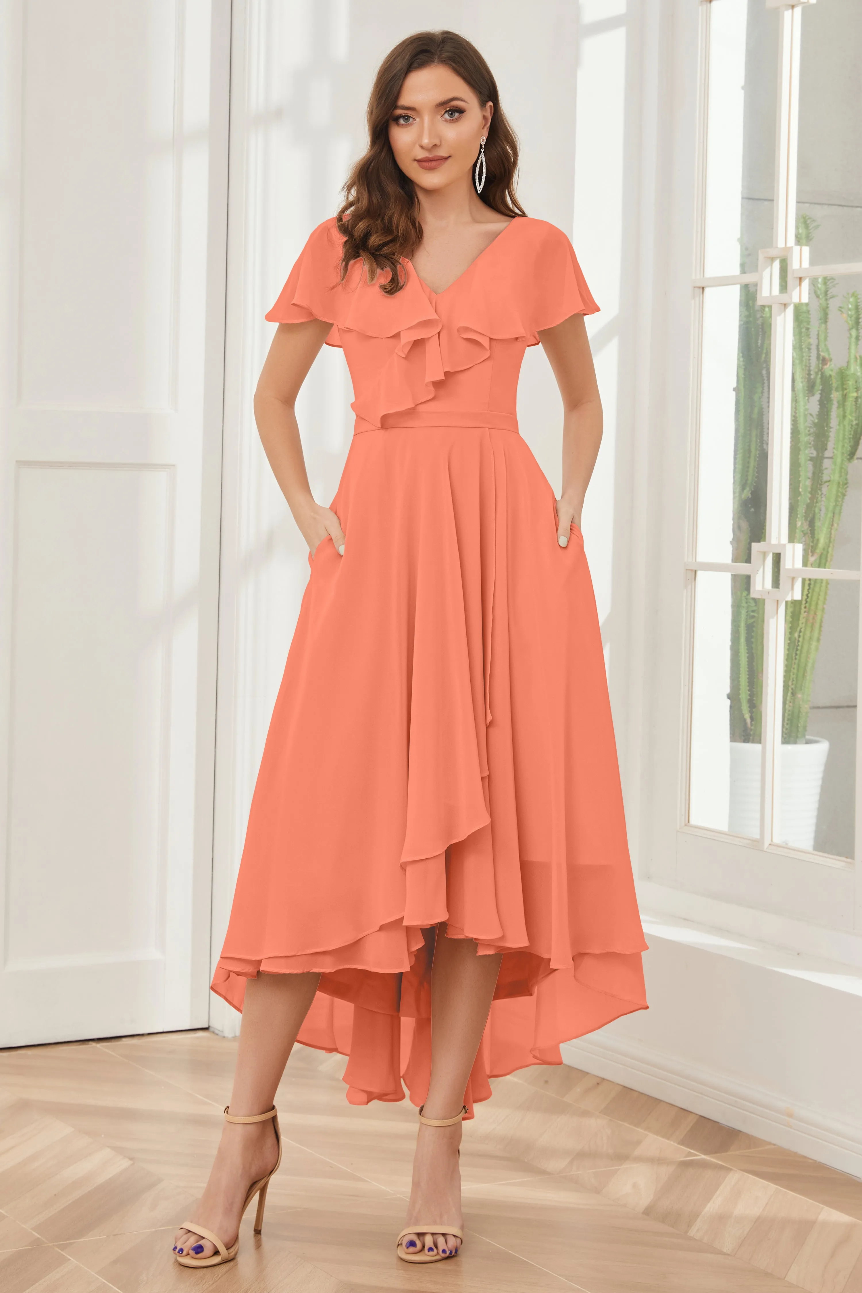 High Low Short Sleeves Bridesmaid Dresses with Pockets