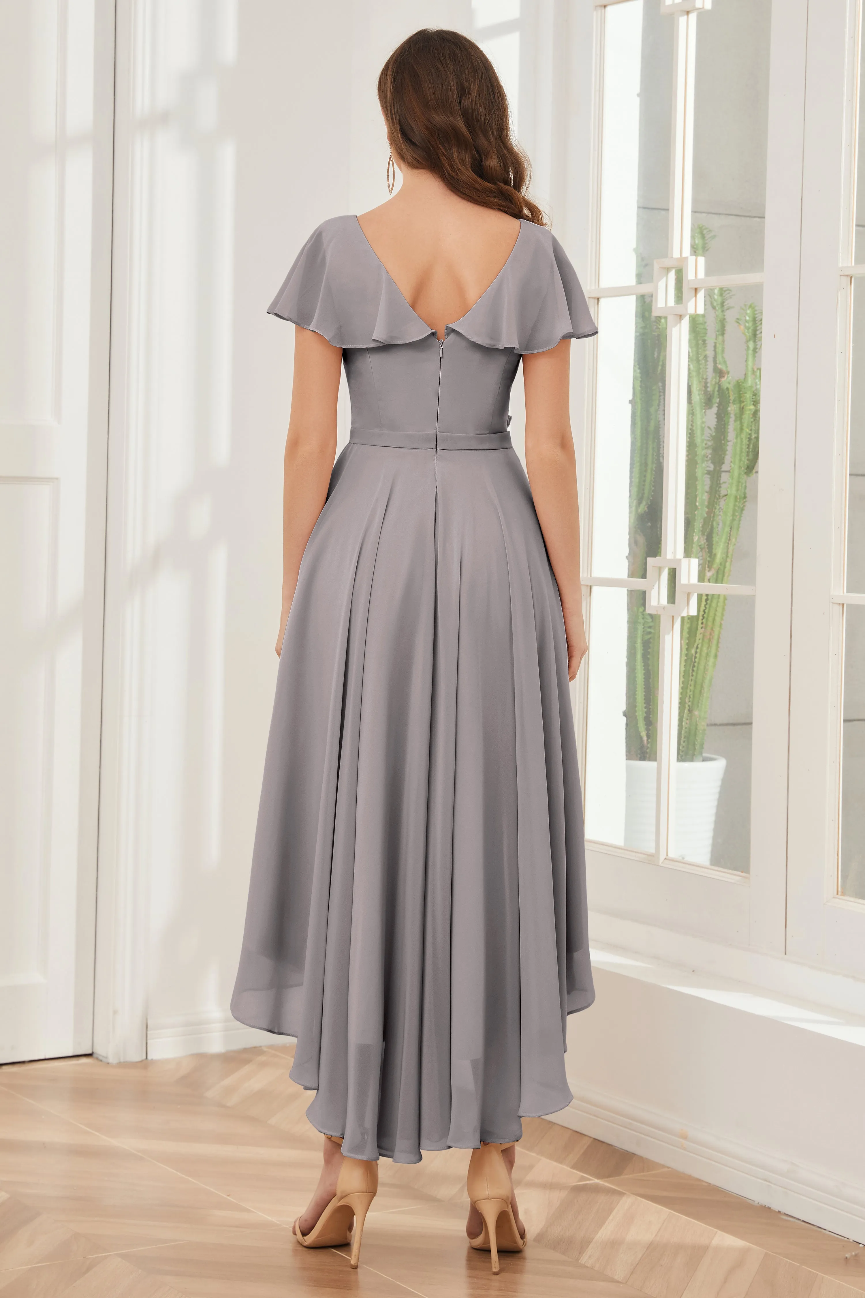 High Low Short Sleeves Bridesmaid Dresses with Pockets