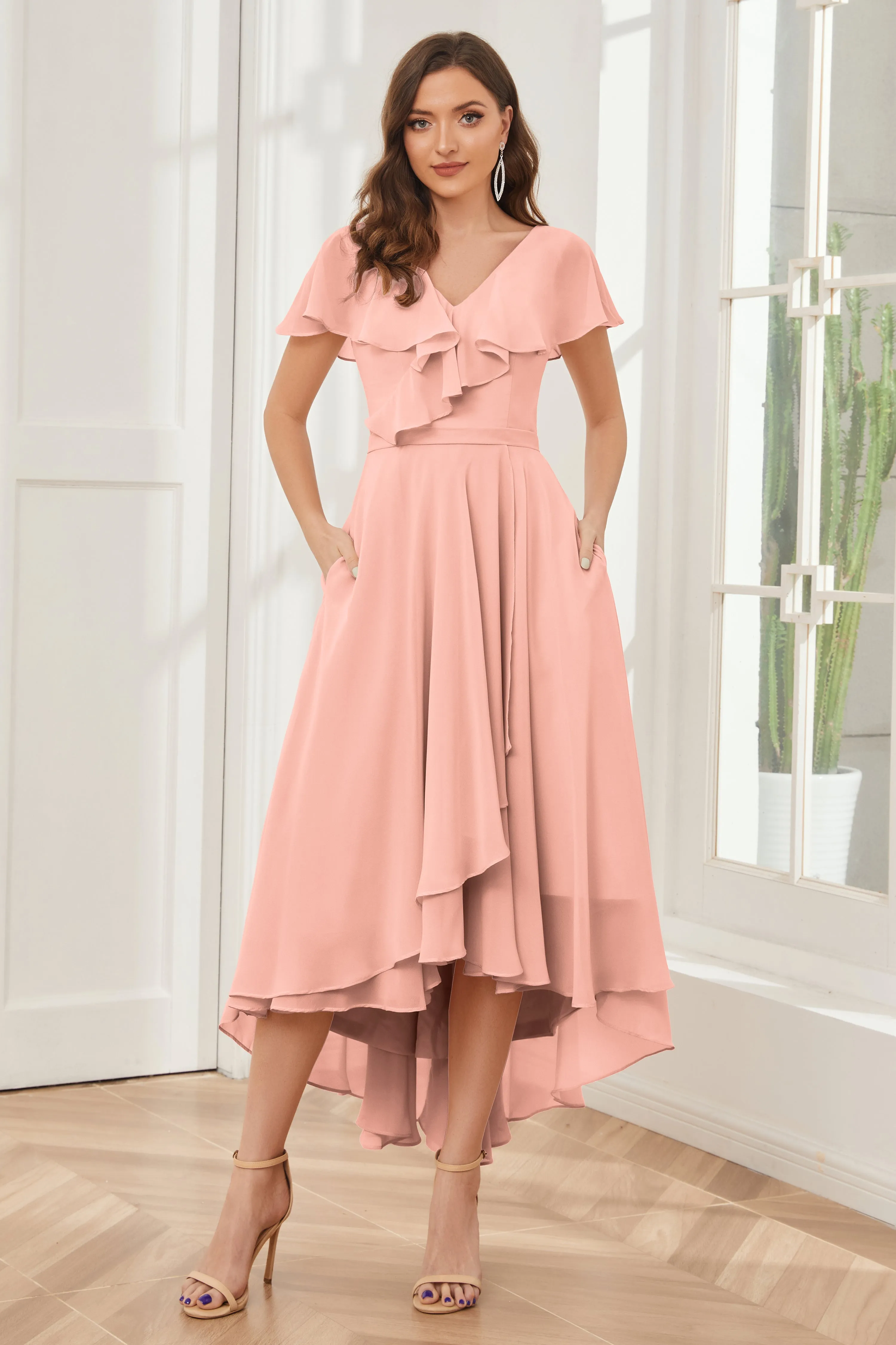 High Low Short Sleeves Bridesmaid Dresses with Pockets