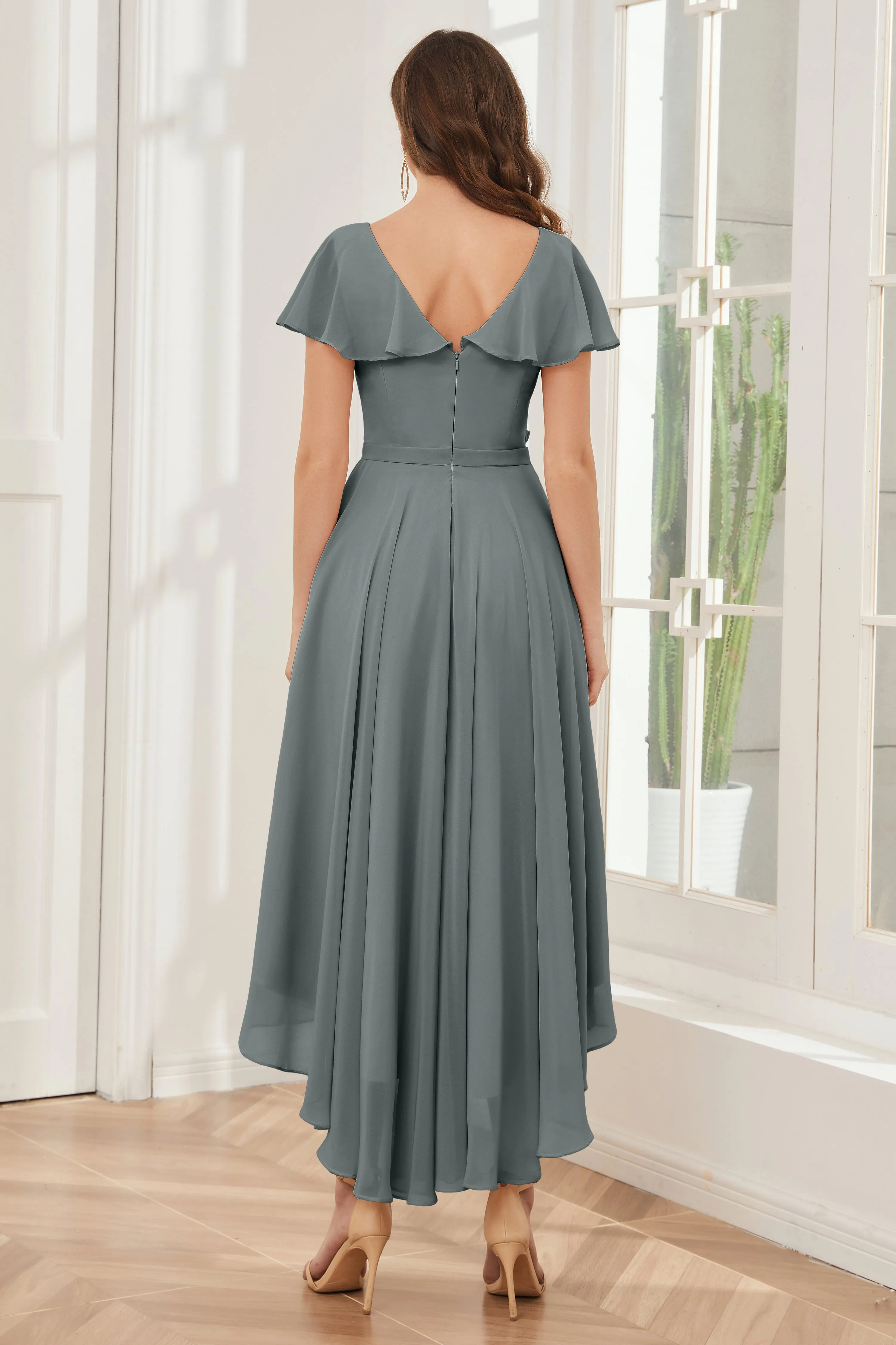 High Low Short Sleeves Bridesmaid Dresses with Pockets